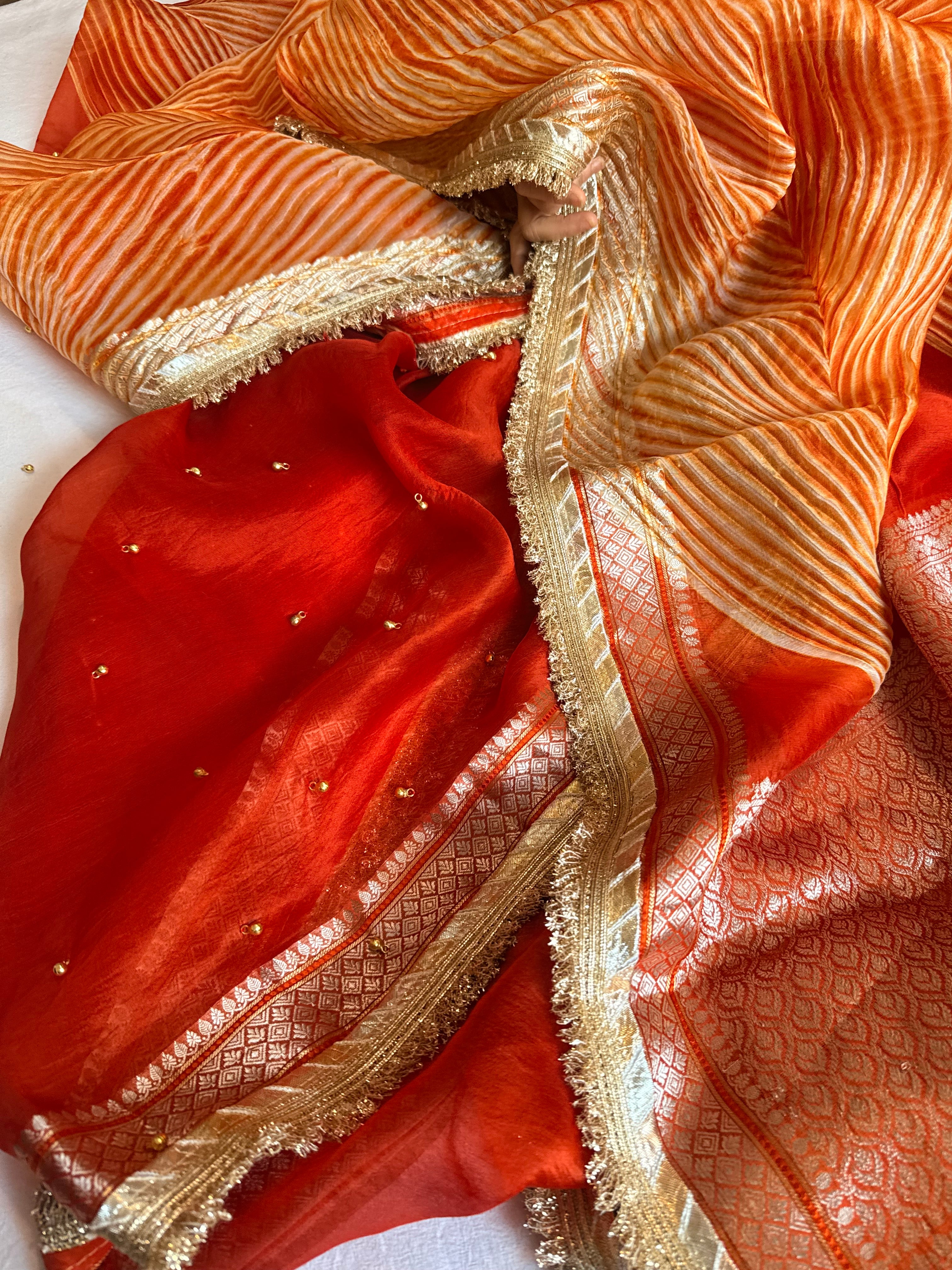 Arshi dye ghungro work kora silk banarasi kadhwa weaving saree