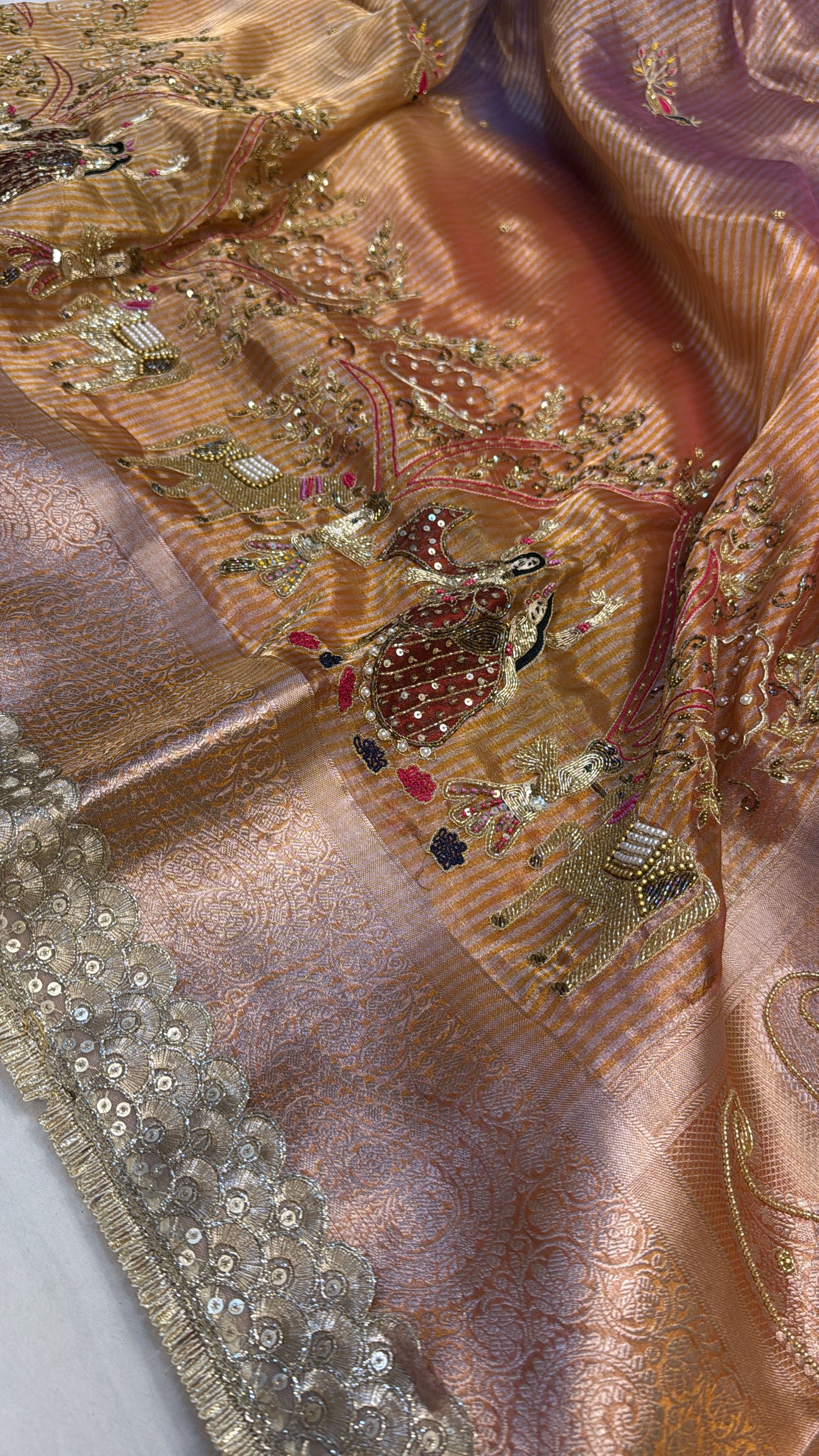 Rasleela hand embroidered husn peachy ombre shaded tissue silk saree