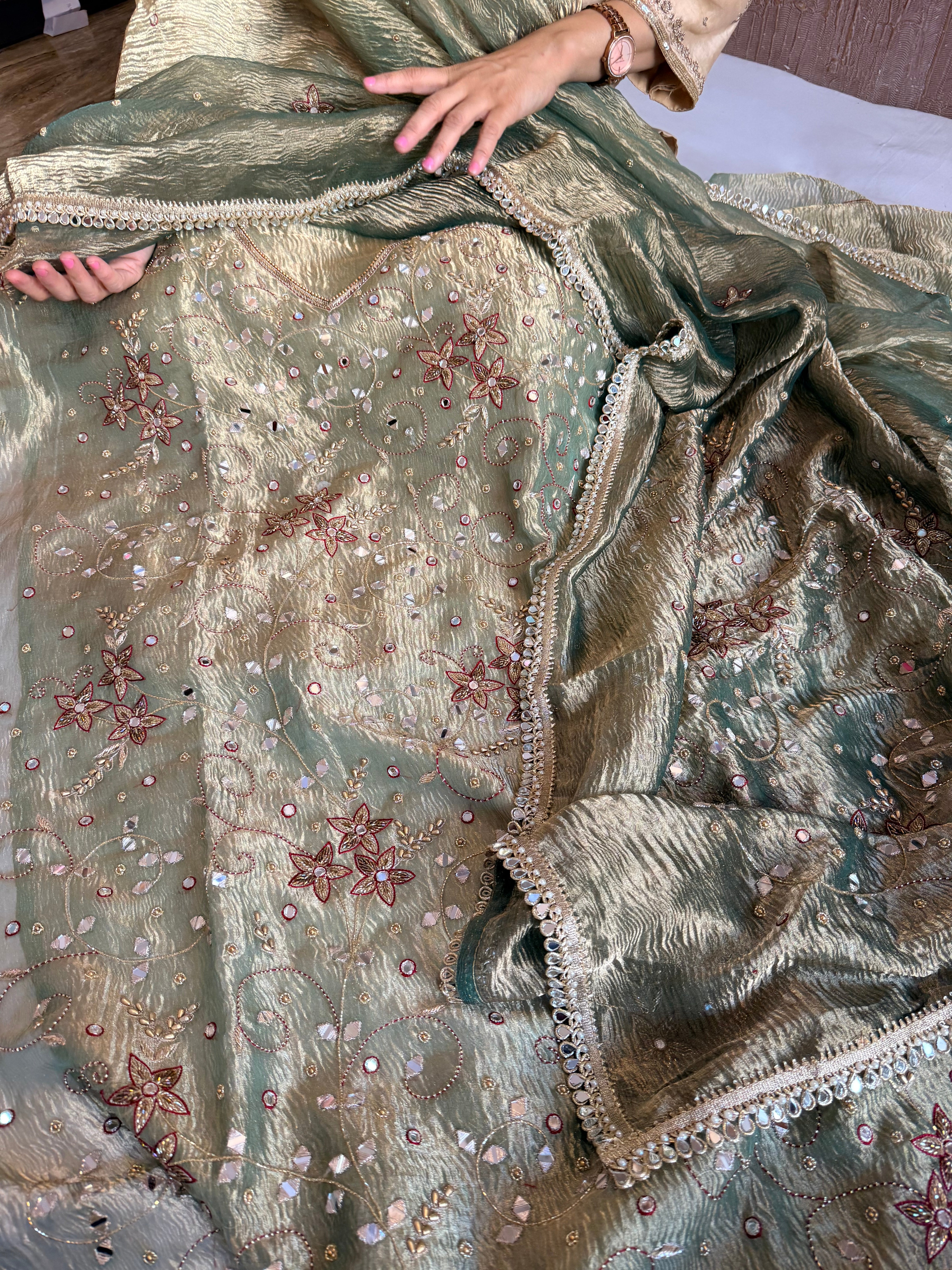 Banarasi tissue silk mirrorwork hand embroidered crushed suit sets