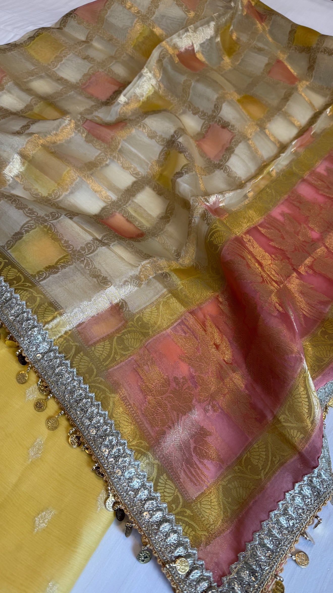 Shades of yellow - Kora silk rangkaat duppata paired with silk kurta