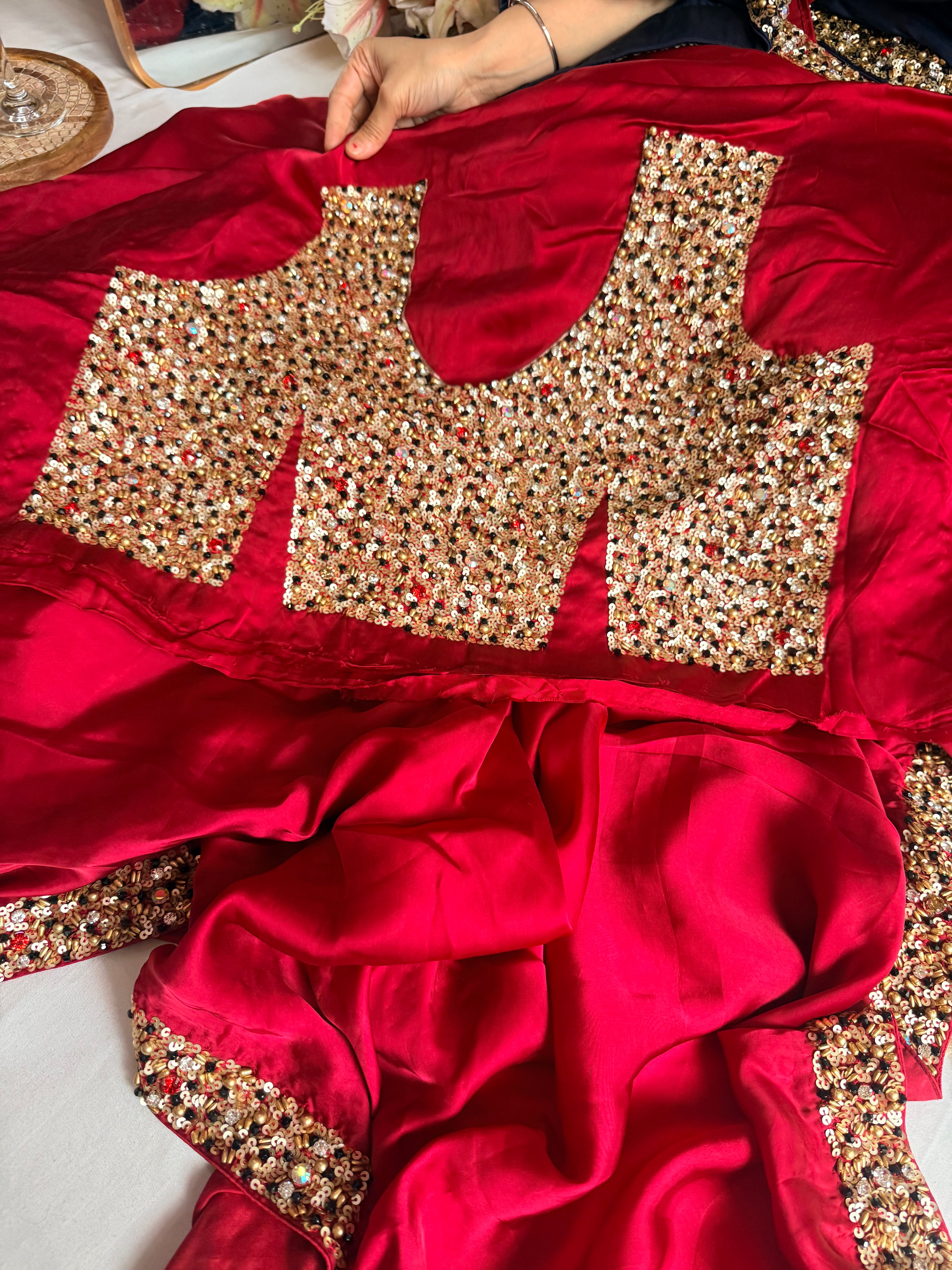 Mashru banarasi satin-sequin work hand embroidered cocktail edit saree