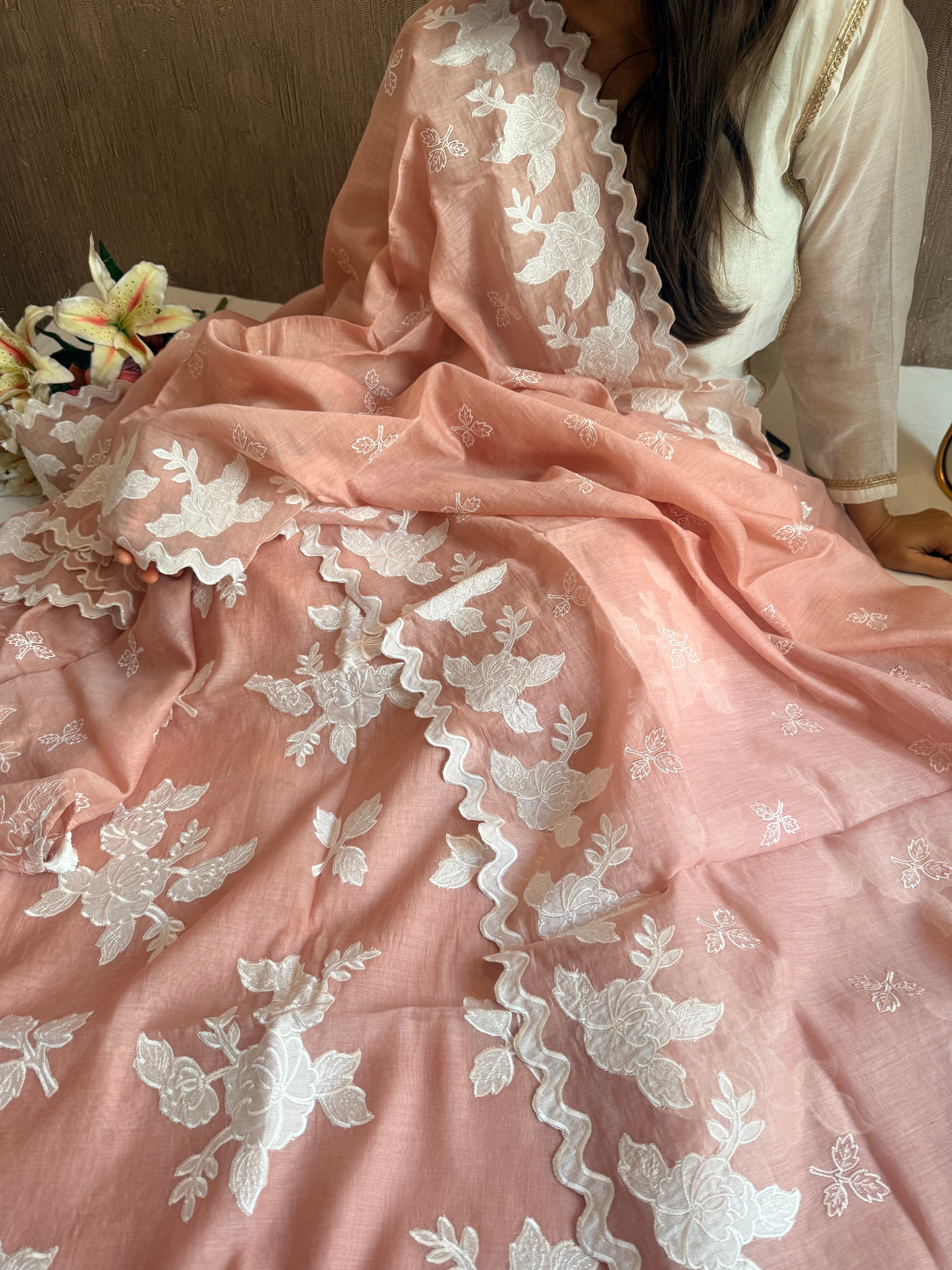 Alia bhatt inspired banarasi mulmul appliqué work suit set