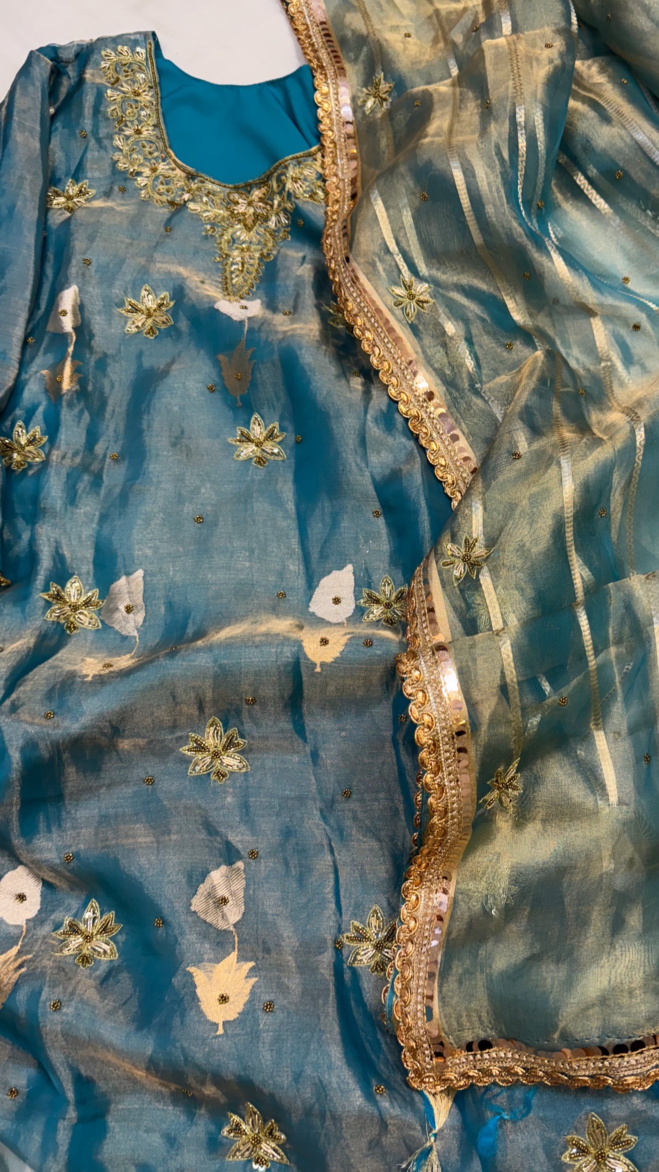 Dulhan ka joda - Water blue tissue silk heavy hand embroidered kadhwa gotapatti suit set