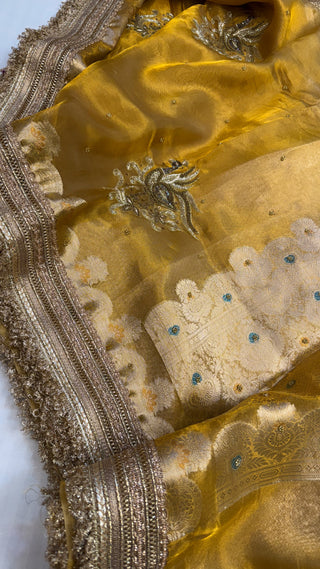 Cocktail wali saree - Gold yellow tissue silk heavy hand embroidered saree