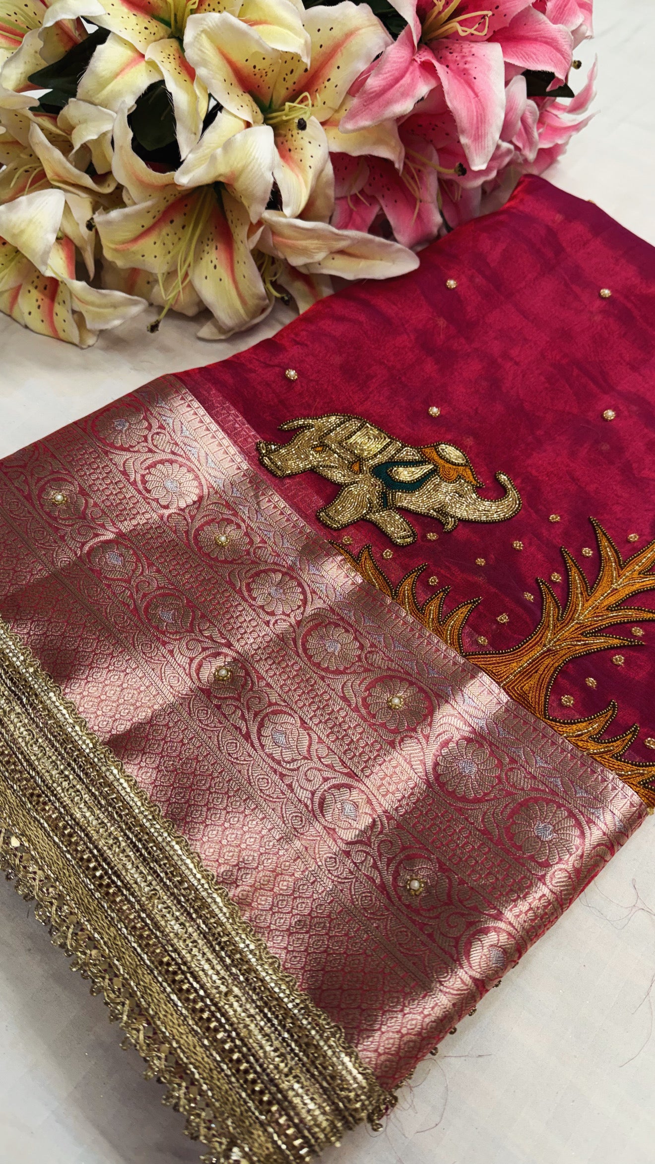 Karwachauth special - Cranberry pinkish red tissue silk elephant motif hand embroidered saree