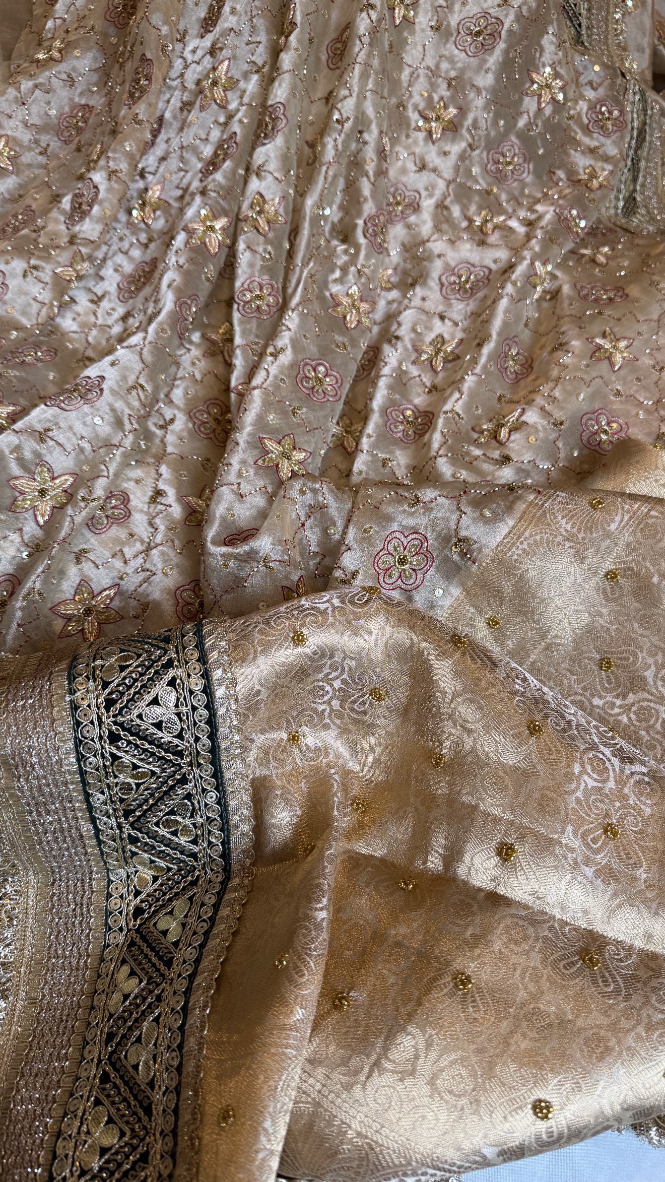 Kutchi inspired tissue silk hand embroidered heavy meenakari gharchola design saree