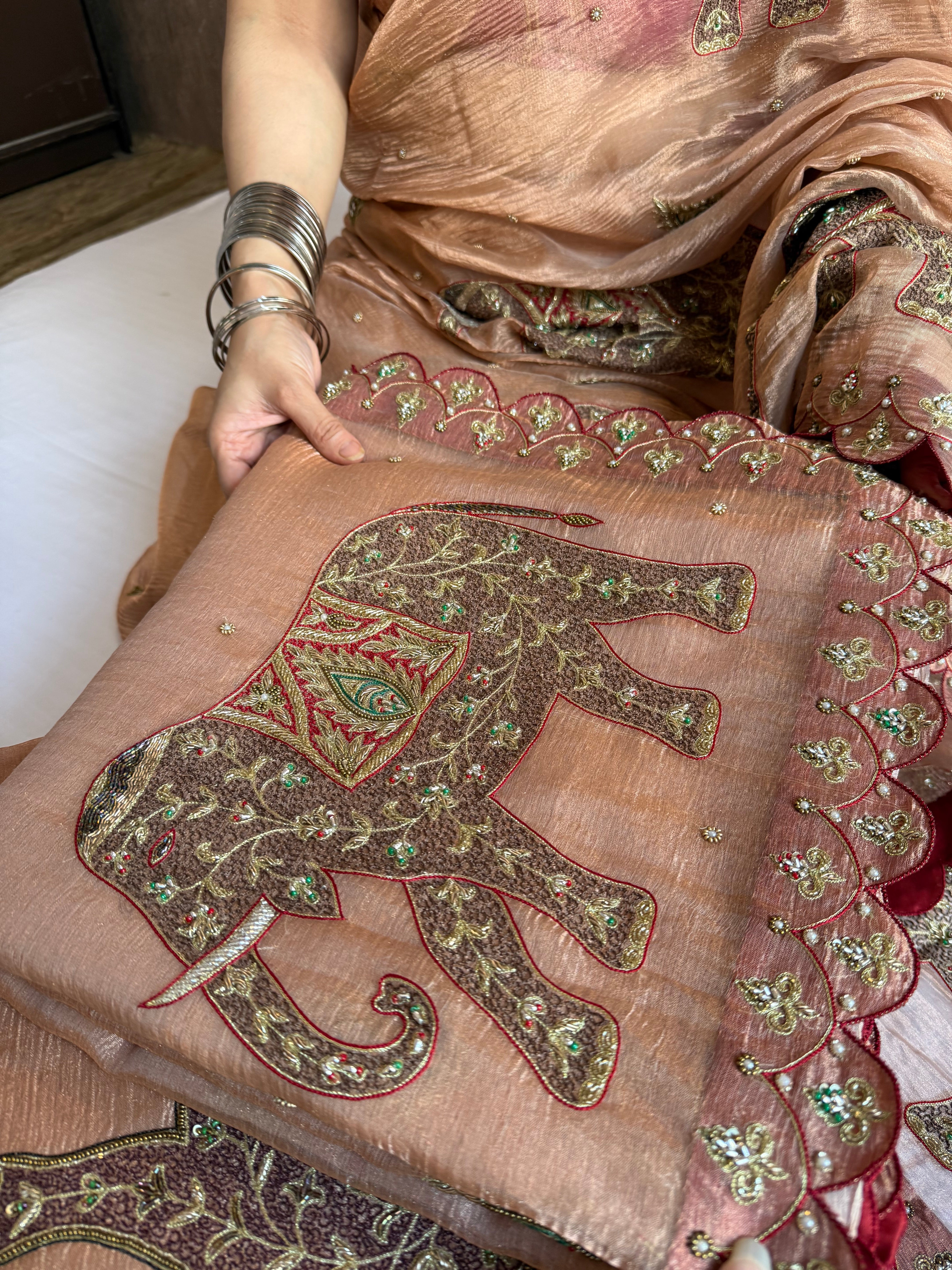GajGamini crushed copper tissue silk elephant motif heavy hand embroidered meenakari work saree