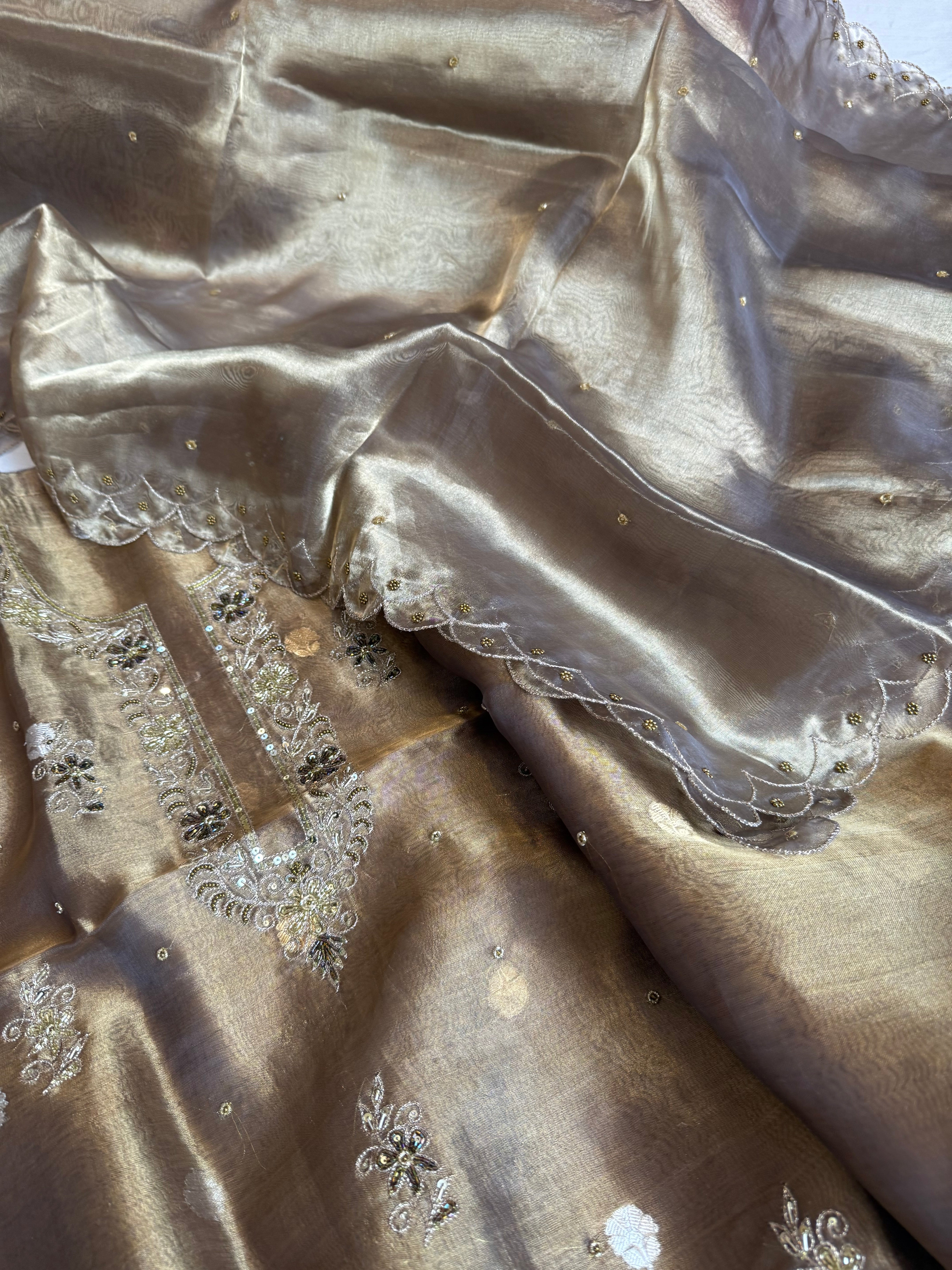 Maharani tissue silk hand embroidered kadhwa suit set