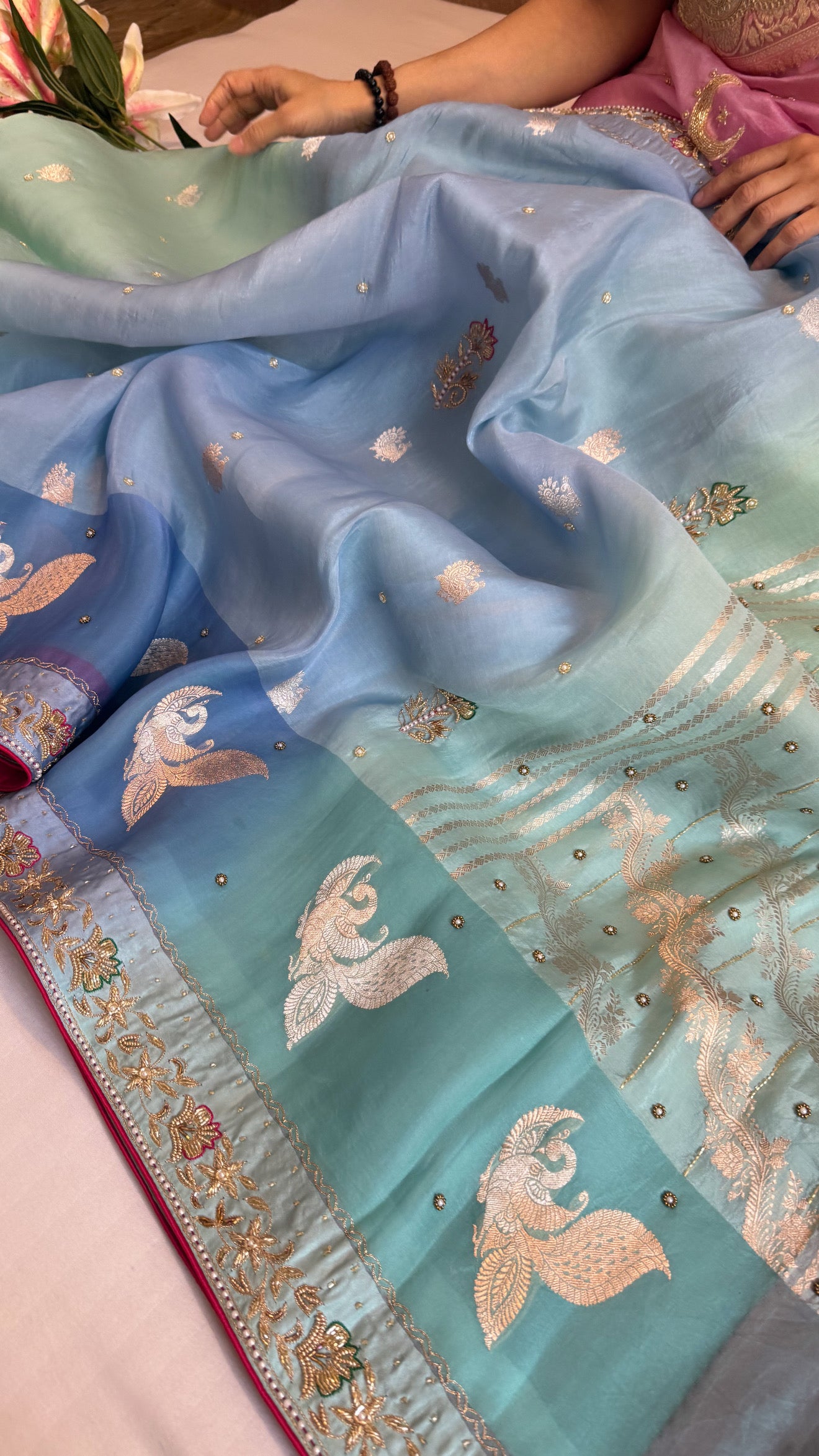 Sufi night edit - Banarasi kora silk bird motif hand embroidered kadhwa shaded saree