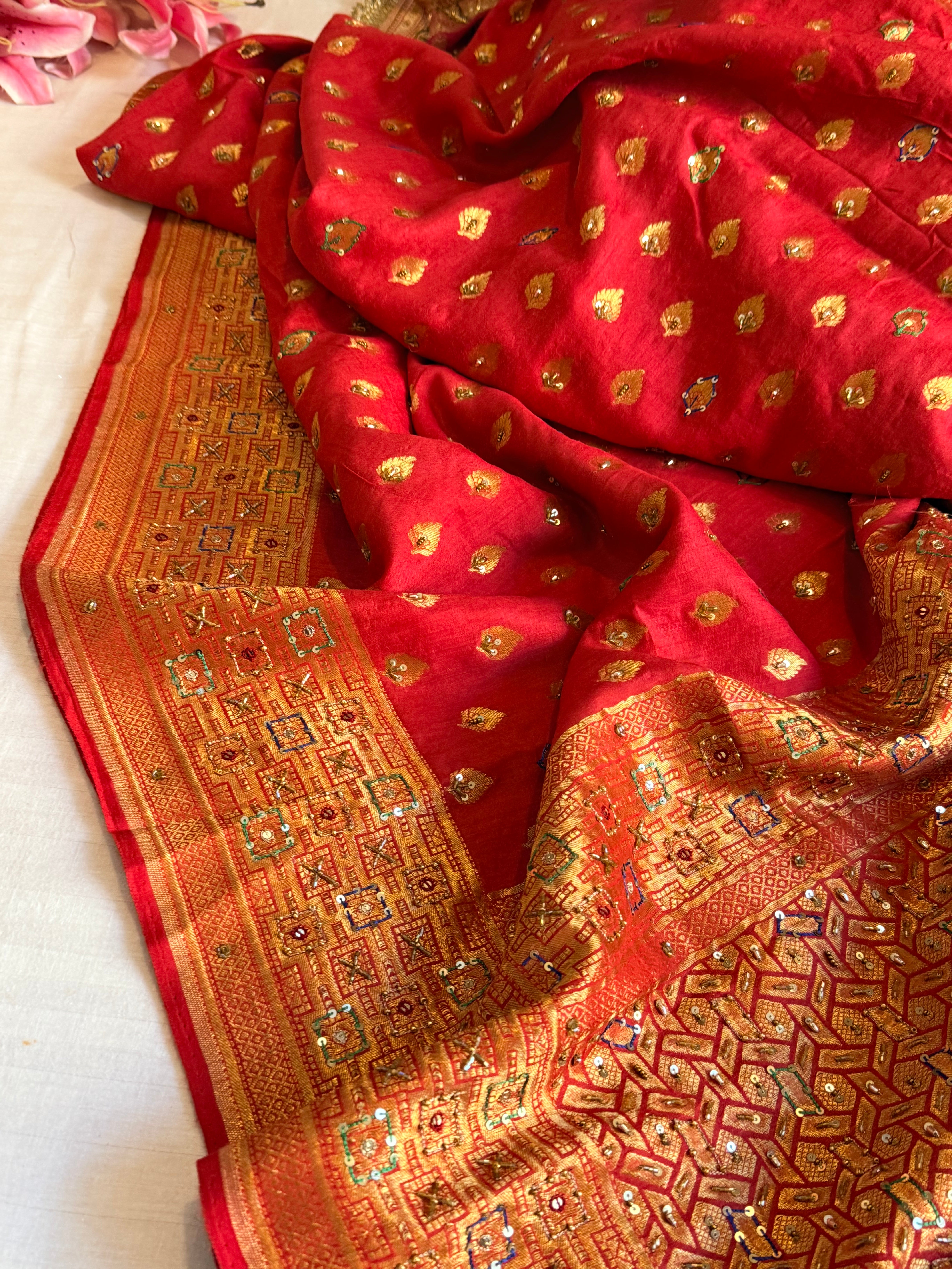 Banarasi moonga silk deep red hand embroidered kadhwa saree