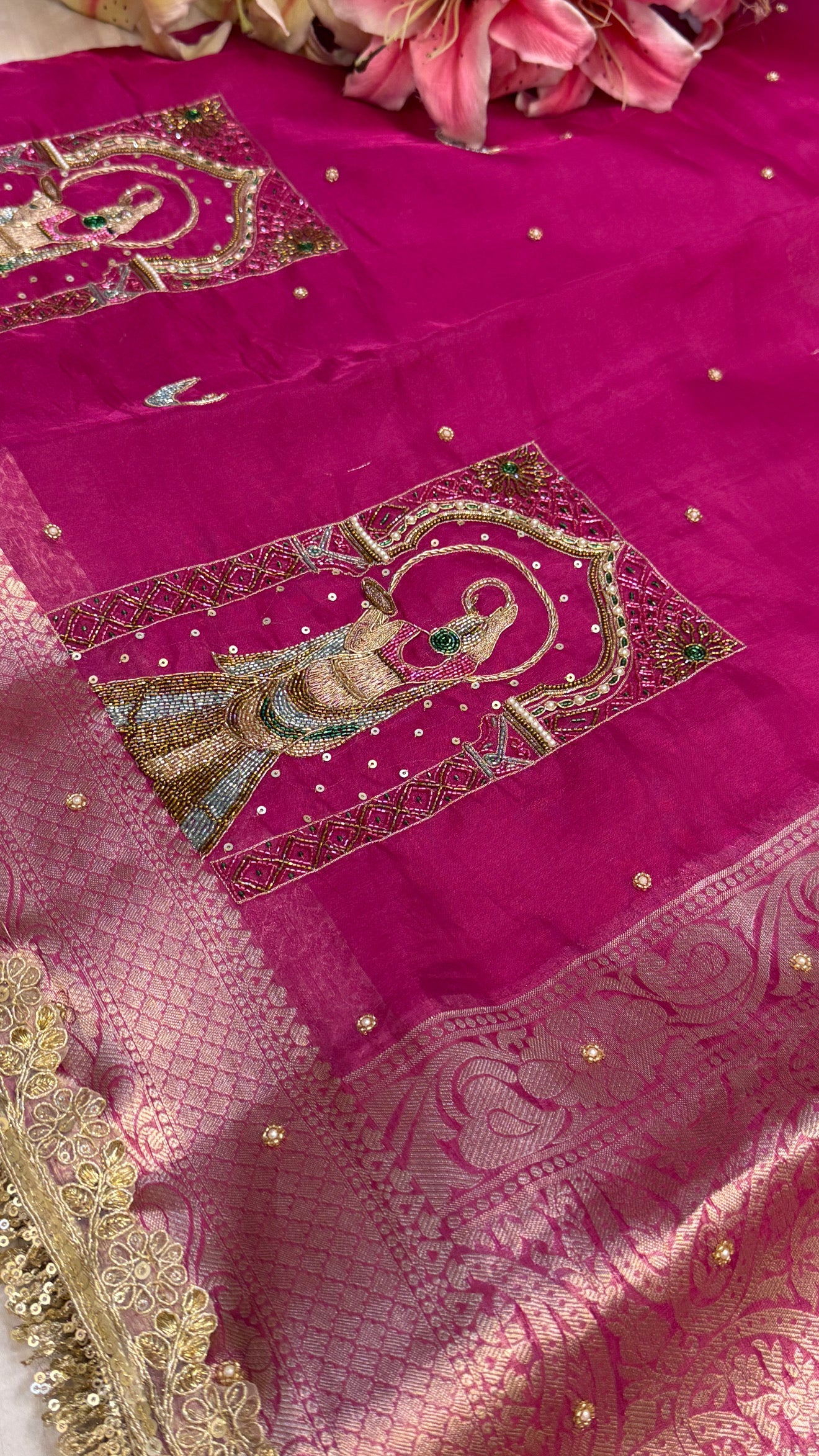Karwachauth special - Hot metallic pink tissue silk hand embroidered kadhwa saree