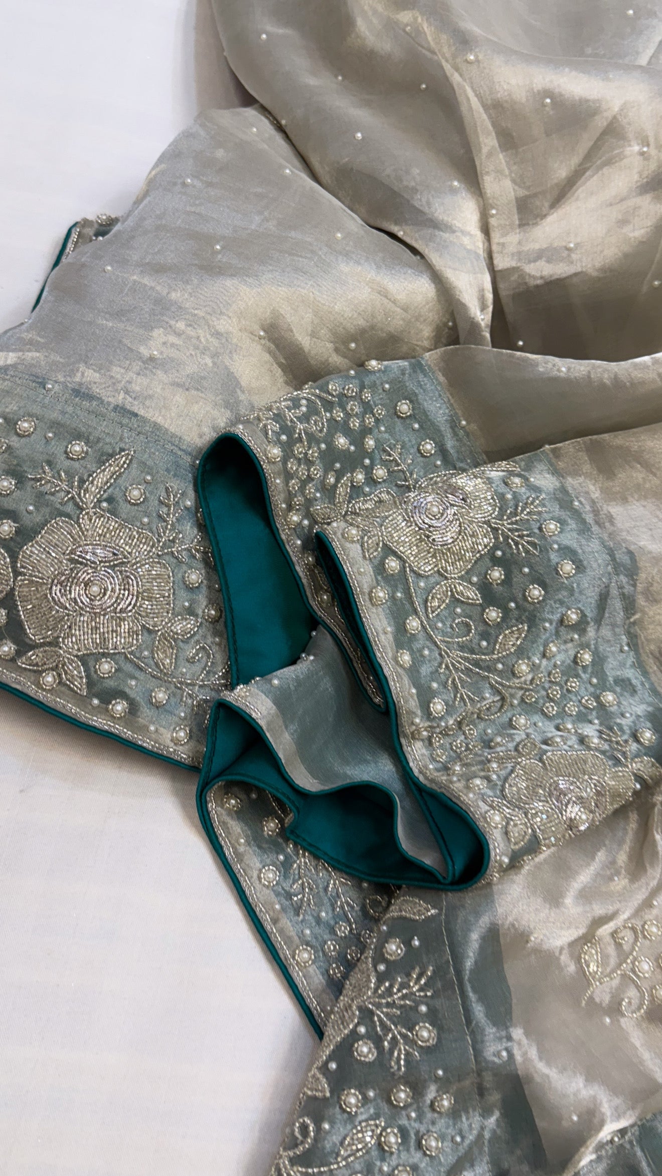 Heere aur moti edit - Ivory diamond tissue silk pearl work heavy hand embroidered saree