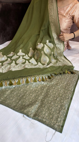 Mehendi green moonga brocade suit set