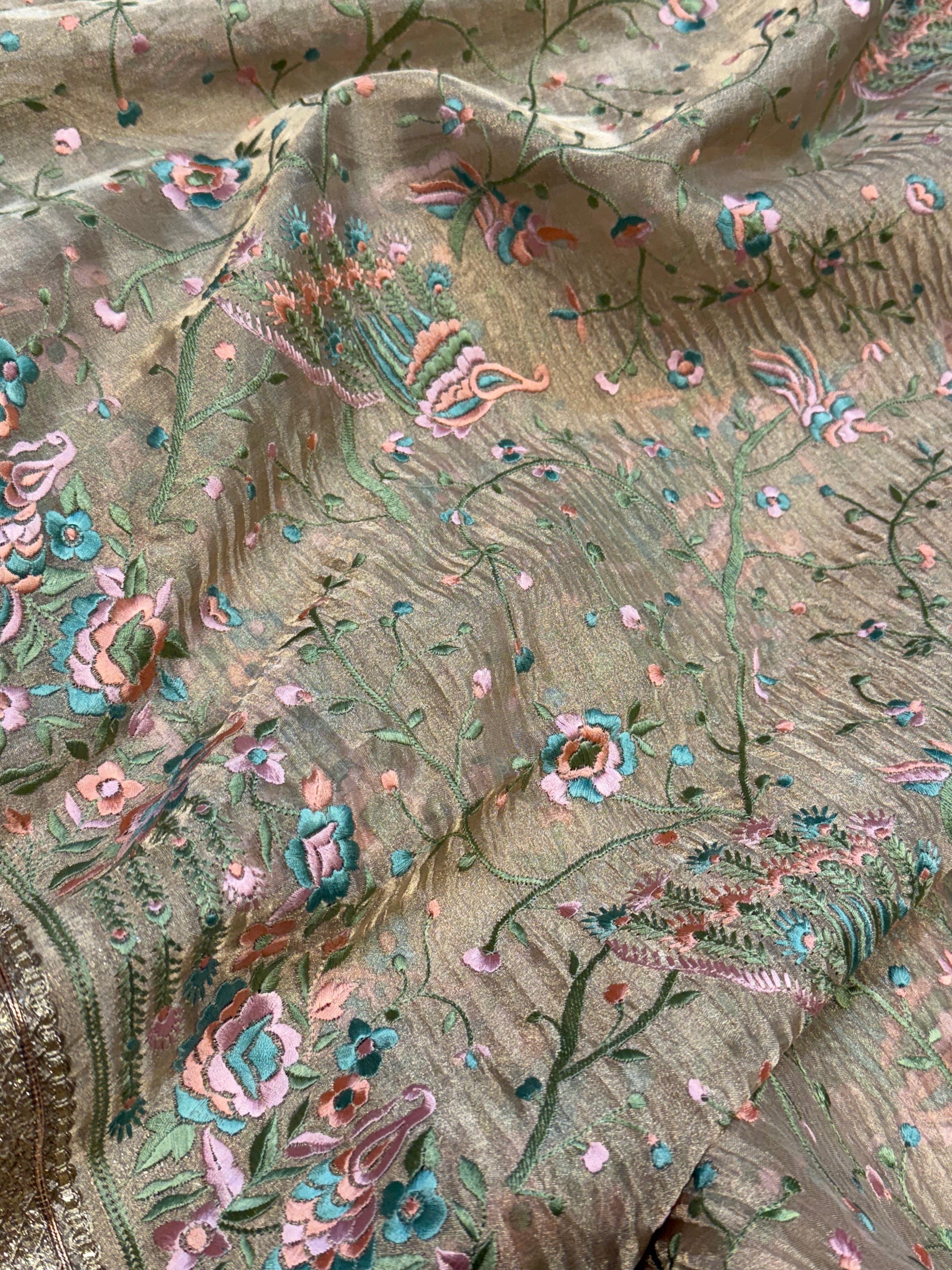 “Parsi gara” inspired tissue silk Resham work heavy hand embroidered saree