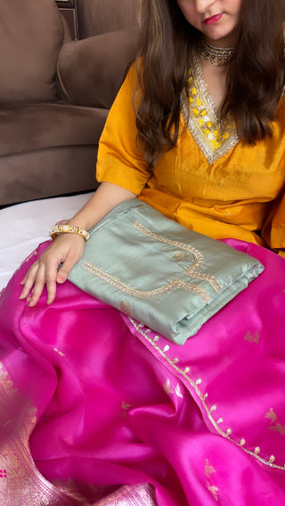 Sage green-hot pink hand embroidered silk suit set from vyaah wala ghar edit