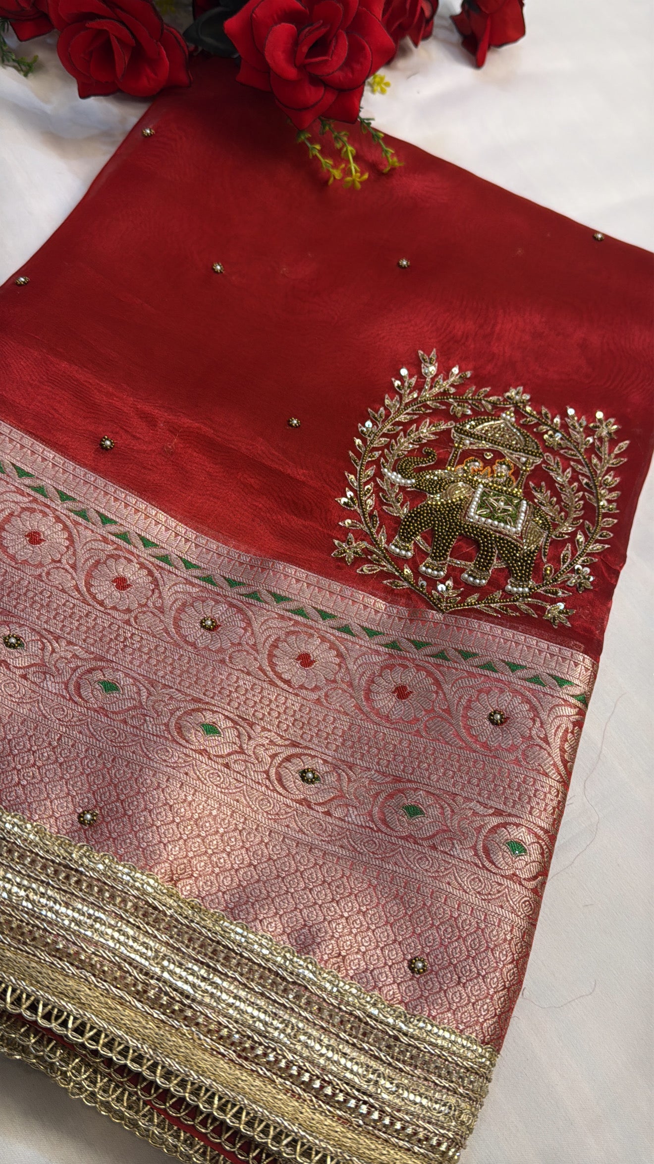 Dulhan ka joda husn red tissue silk hand embroidered saree