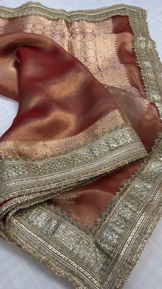 Maharani rustic red tissue silk kadhwa gotapatti saree