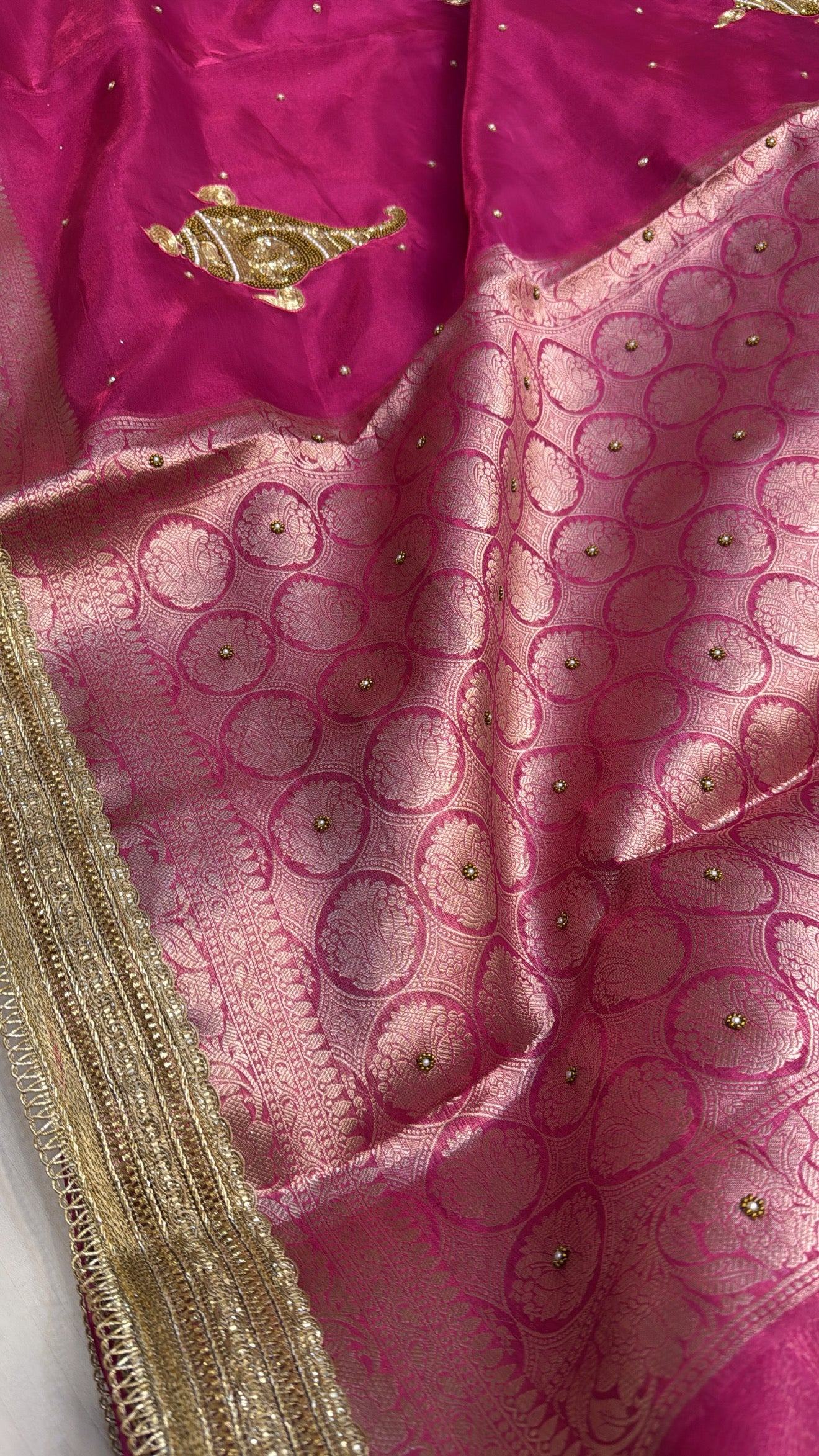 Wedding edit - Husn hot pink shankh motif hand embroidered tissue silk saree