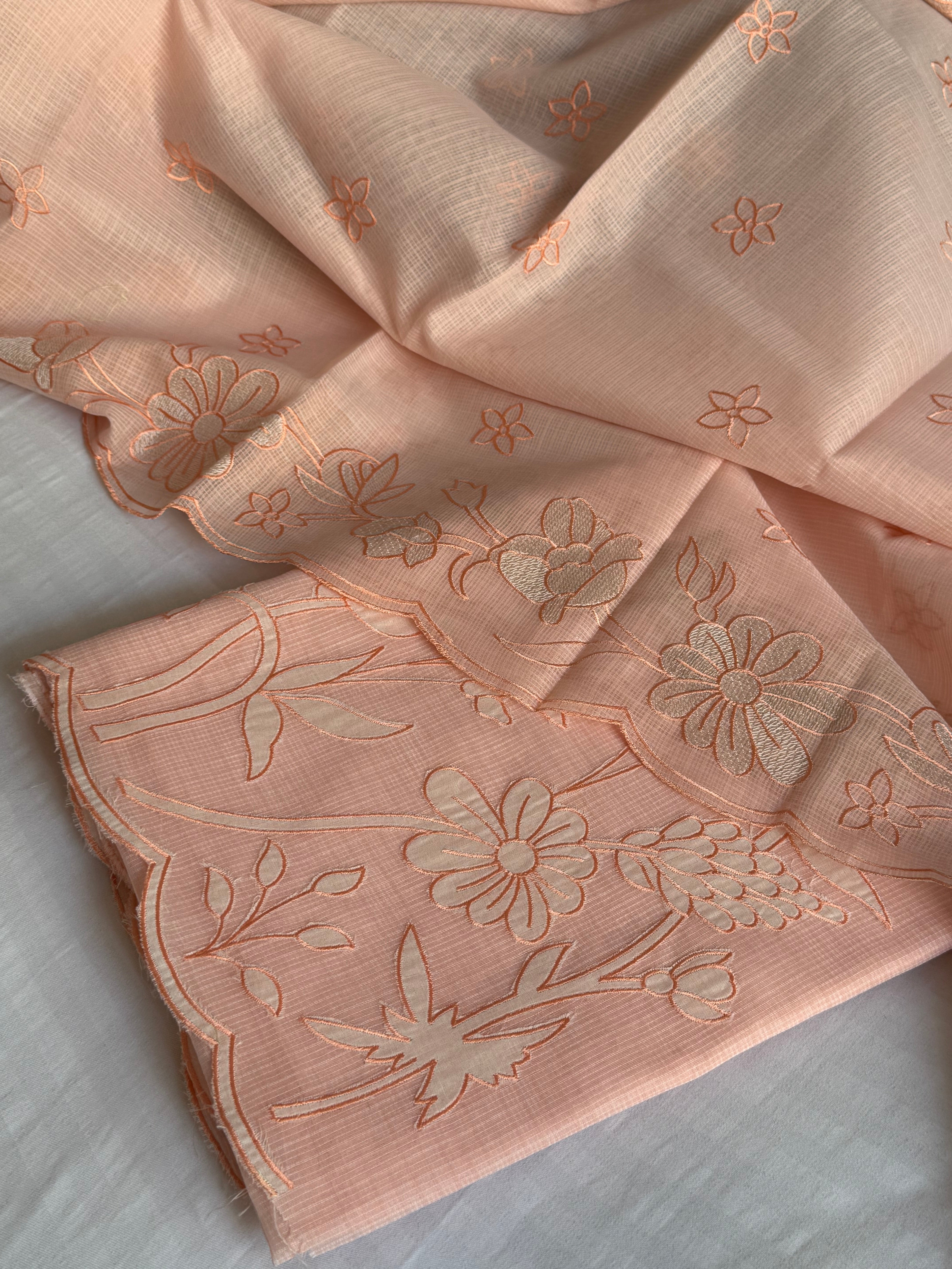 Blush peach kota check appliqué work kadhwa suit set