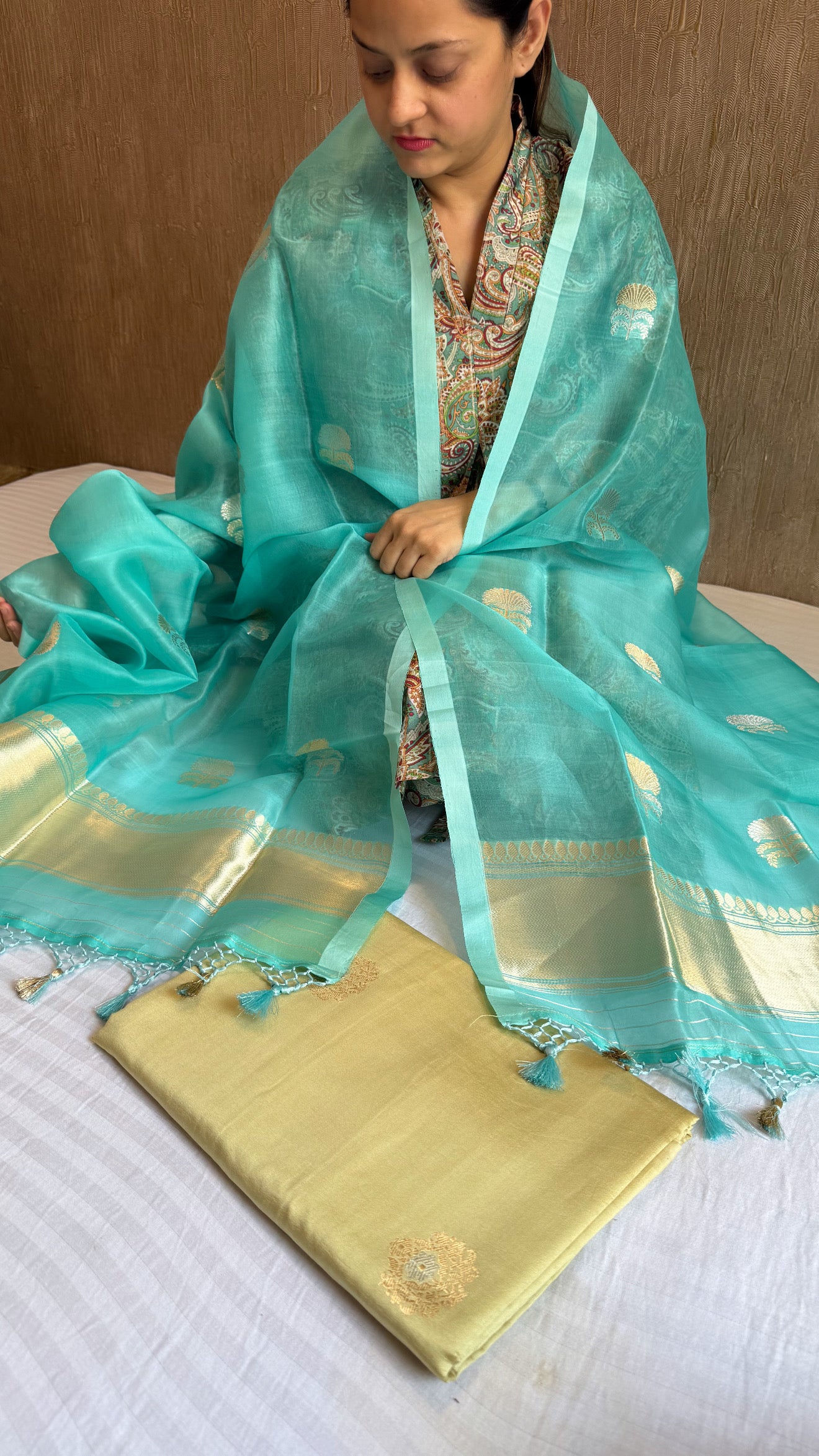Banarasi moss green-firozi blue contrast chiniya silk kadhwa suit sets