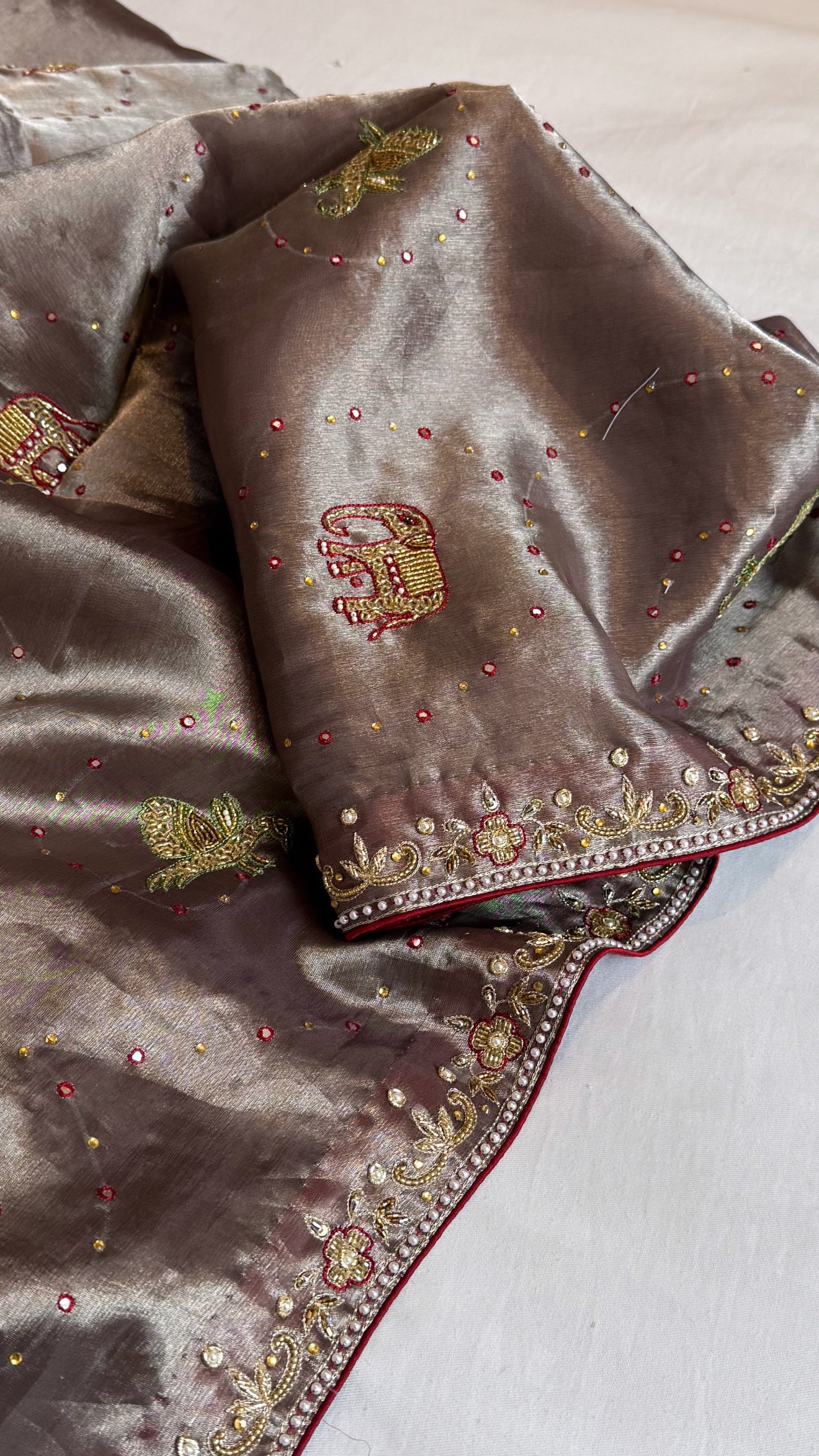 Shikarbagh edit metallic silver diamond tissue silk hand embroidered kadhwa saree