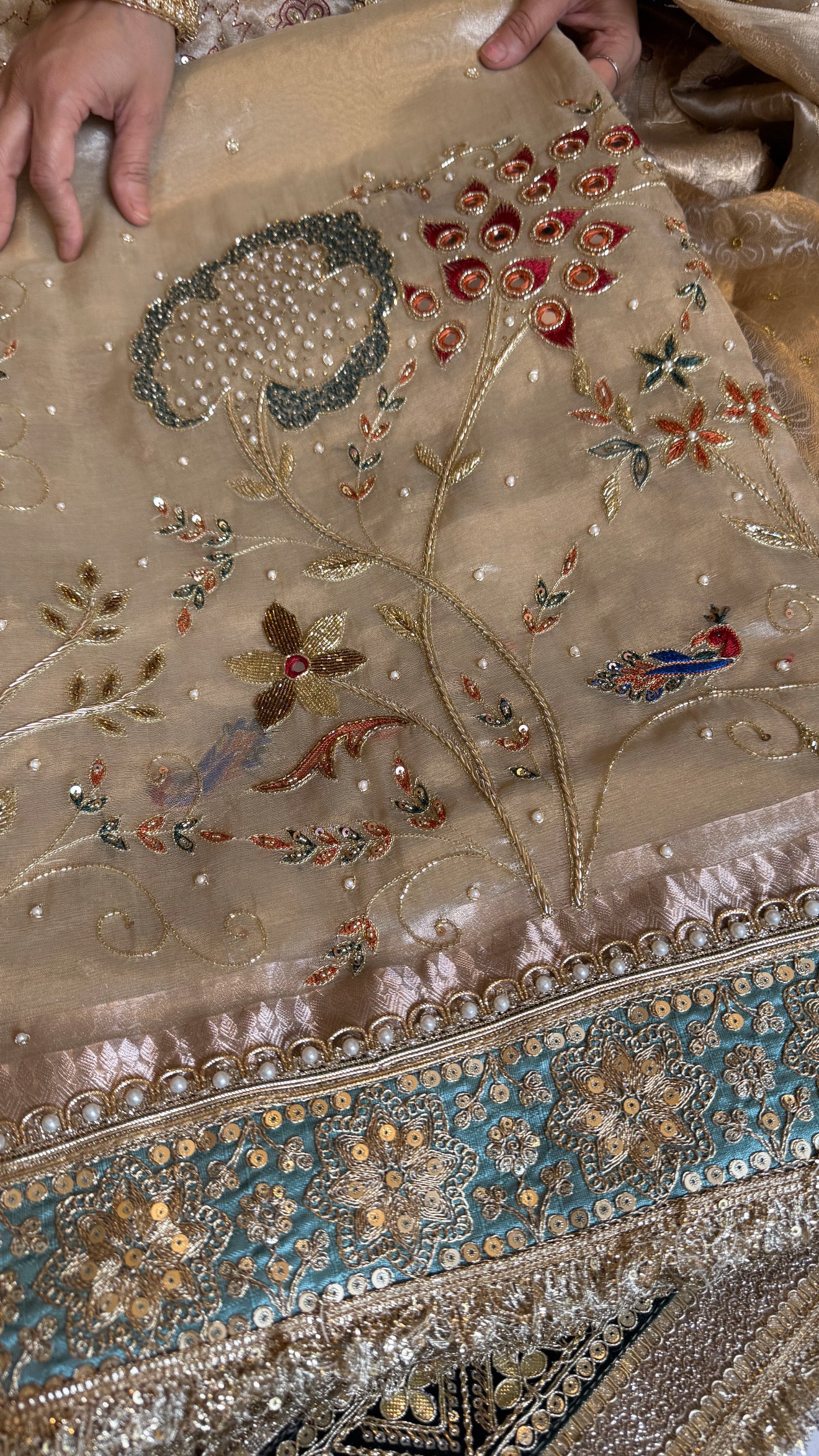 Kutchi inspired “sheesham edit” mirror work and meenakari hand embroidered saree