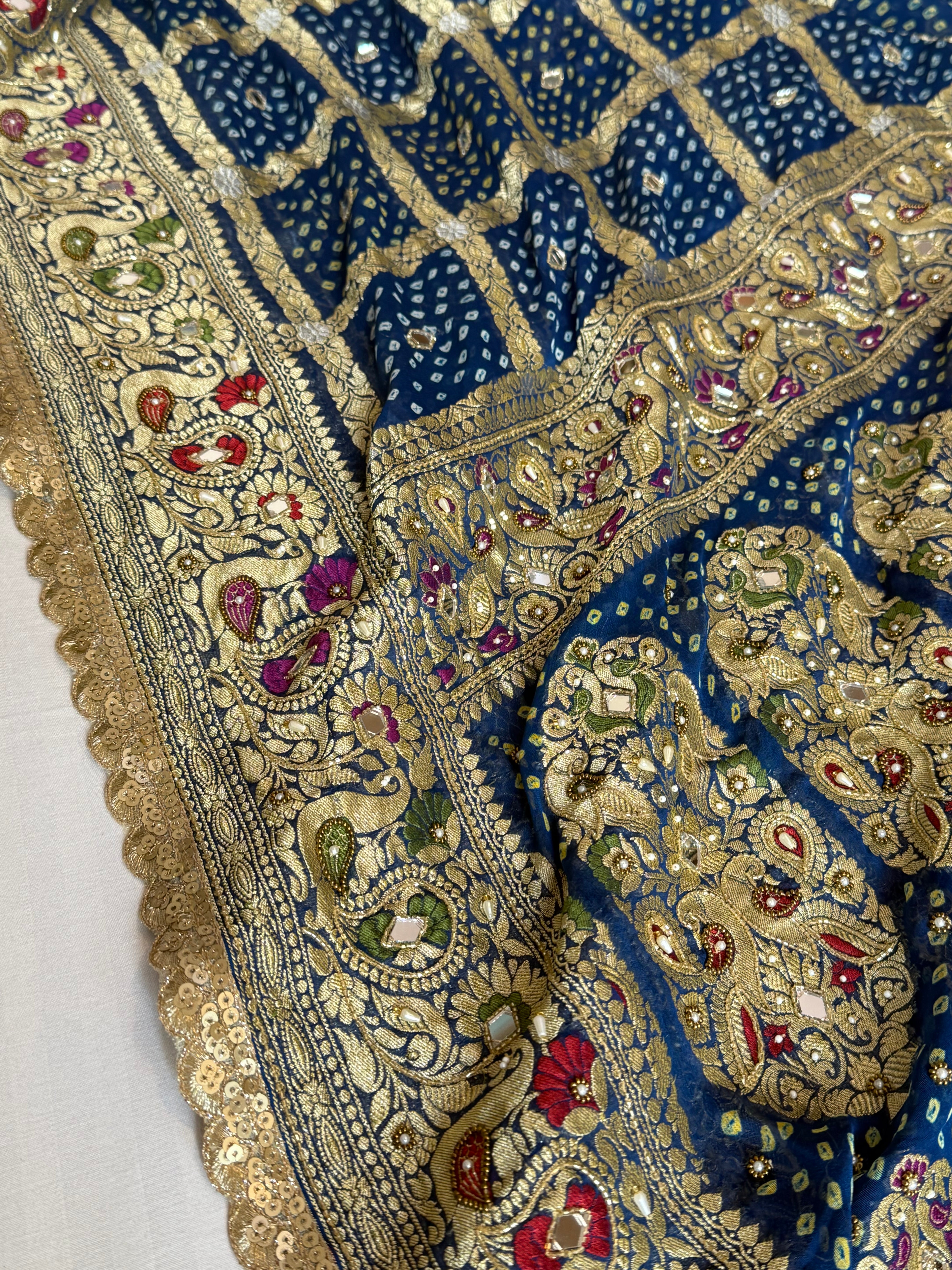 Navy blue banarasi rai chiffon gorgette kadhwa hand embroidered saree