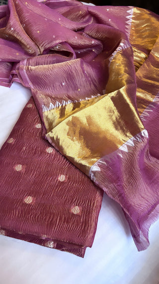 Pure banarasi plum crushed tiisue silk kadhwa sona rupa meenedar buti three piece suit set