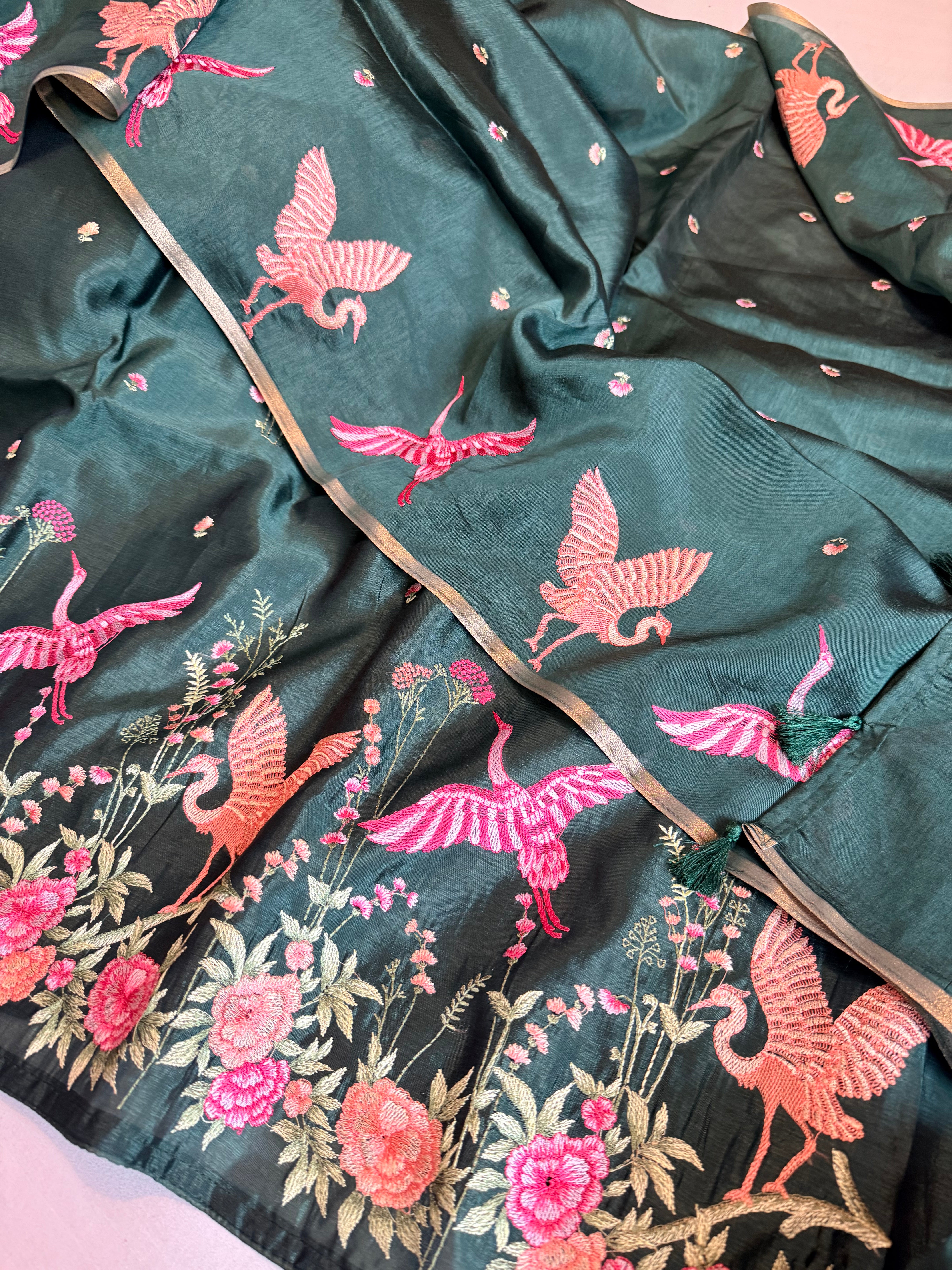 BELOW 8K - Parsi gara bottle green resham work banarasi chiniya silk kadhwa suit sets