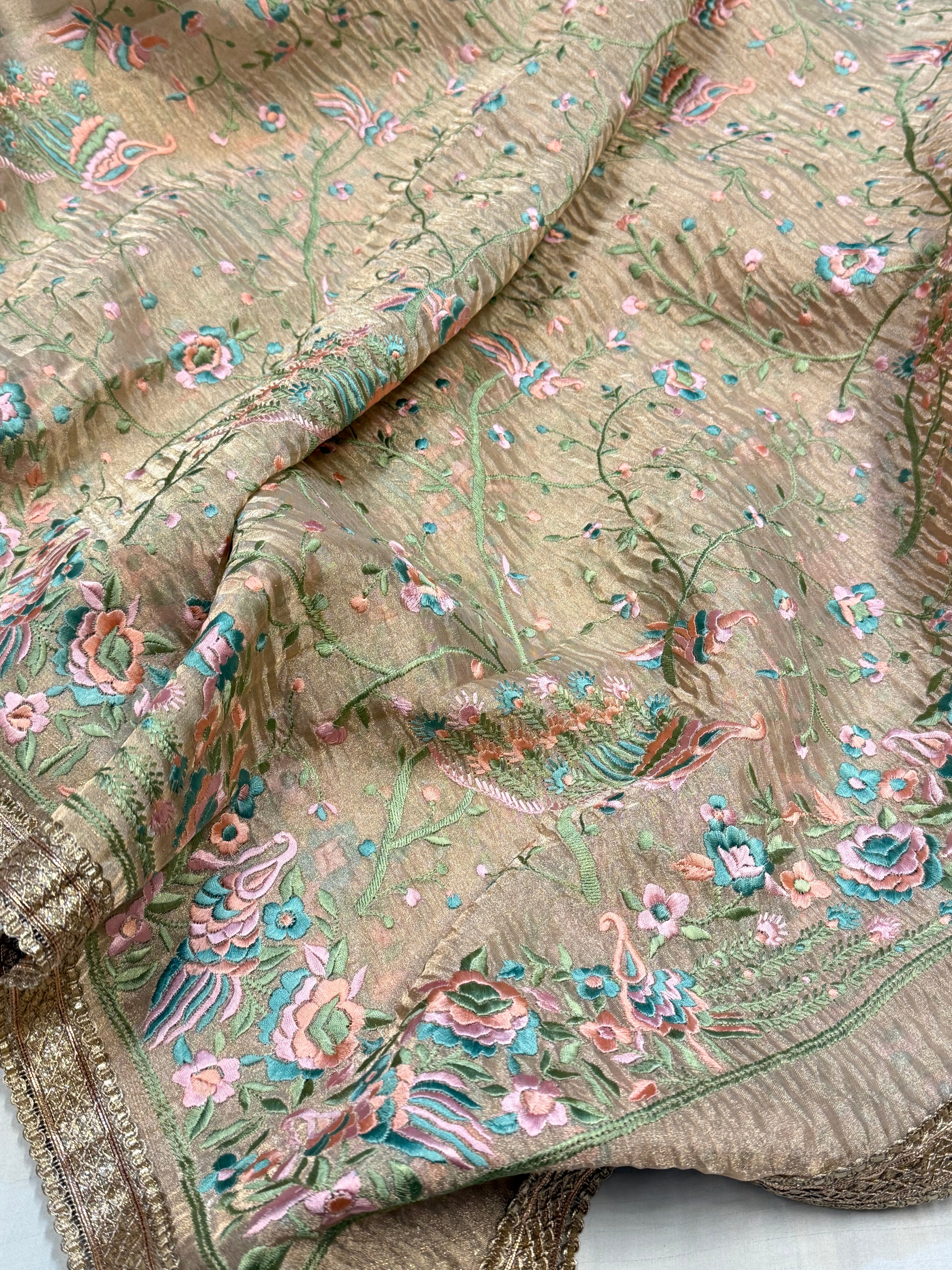 “Parsi gara” inspired tissue silk Resham work heavy hand embroidered saree