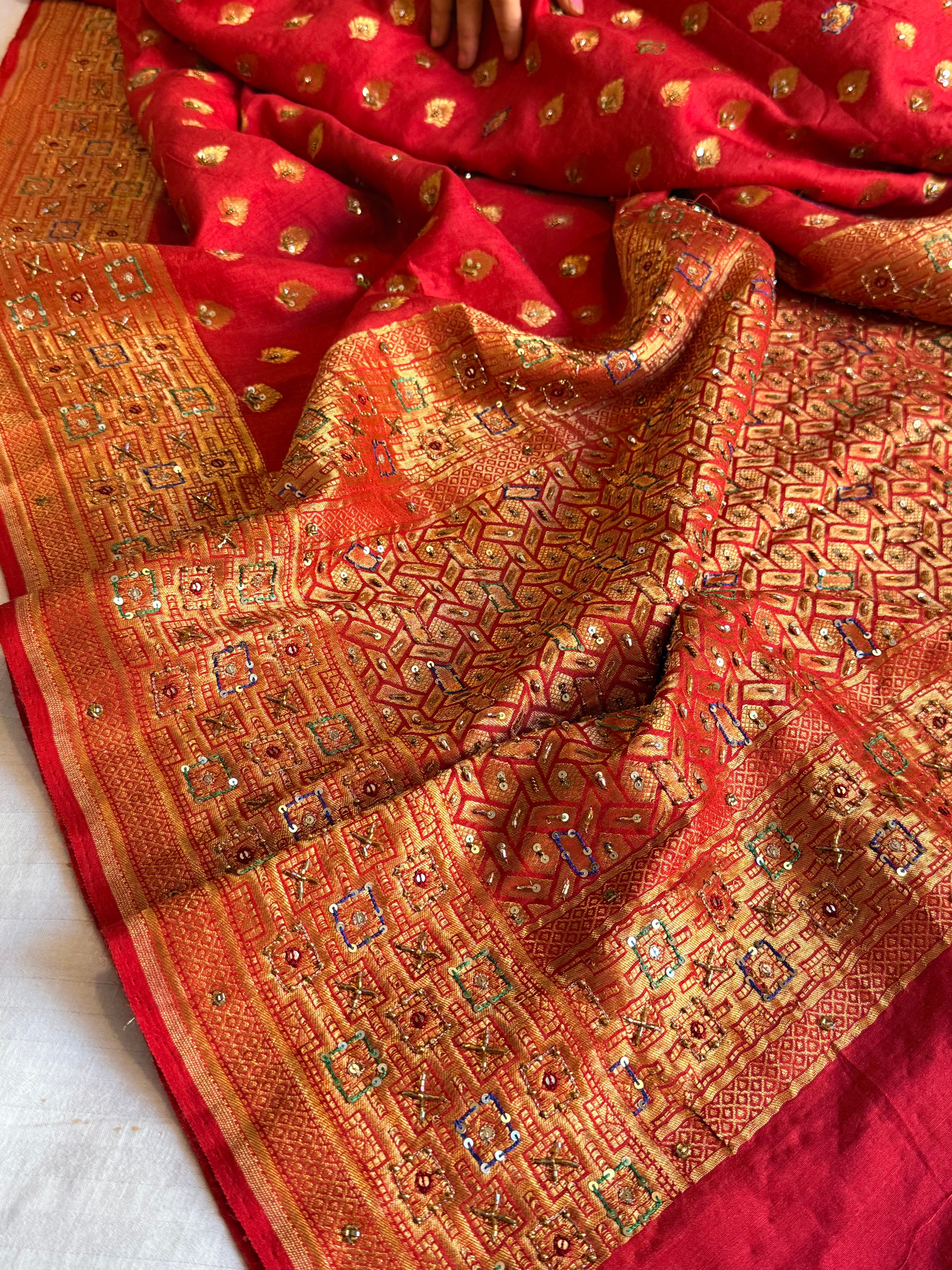 Banarasi moonga silk deep red hand embroidered kadhwa saree