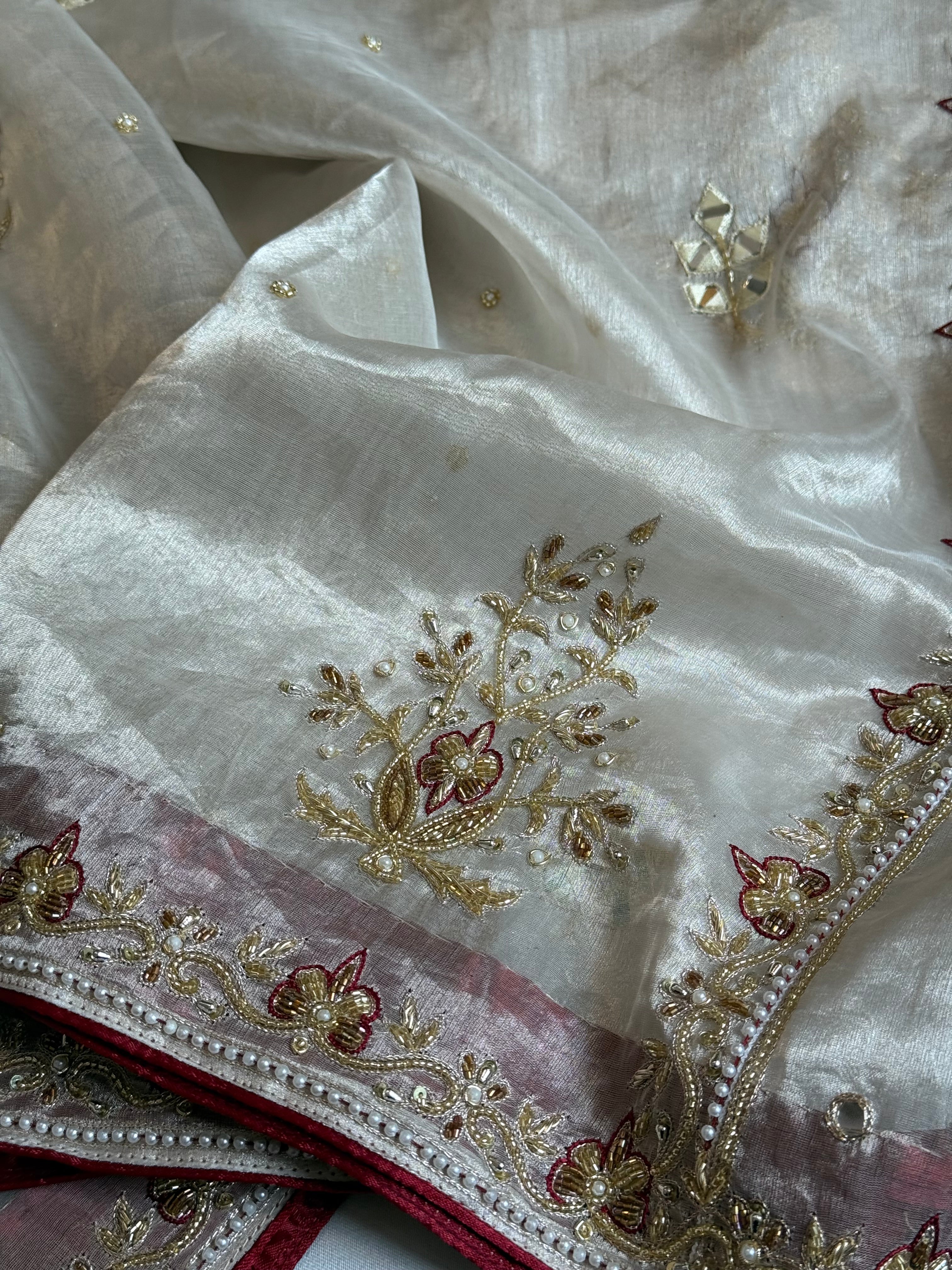 Radhika merchant inspired shreenathji motif diamond tissue silk hand embroidered saree