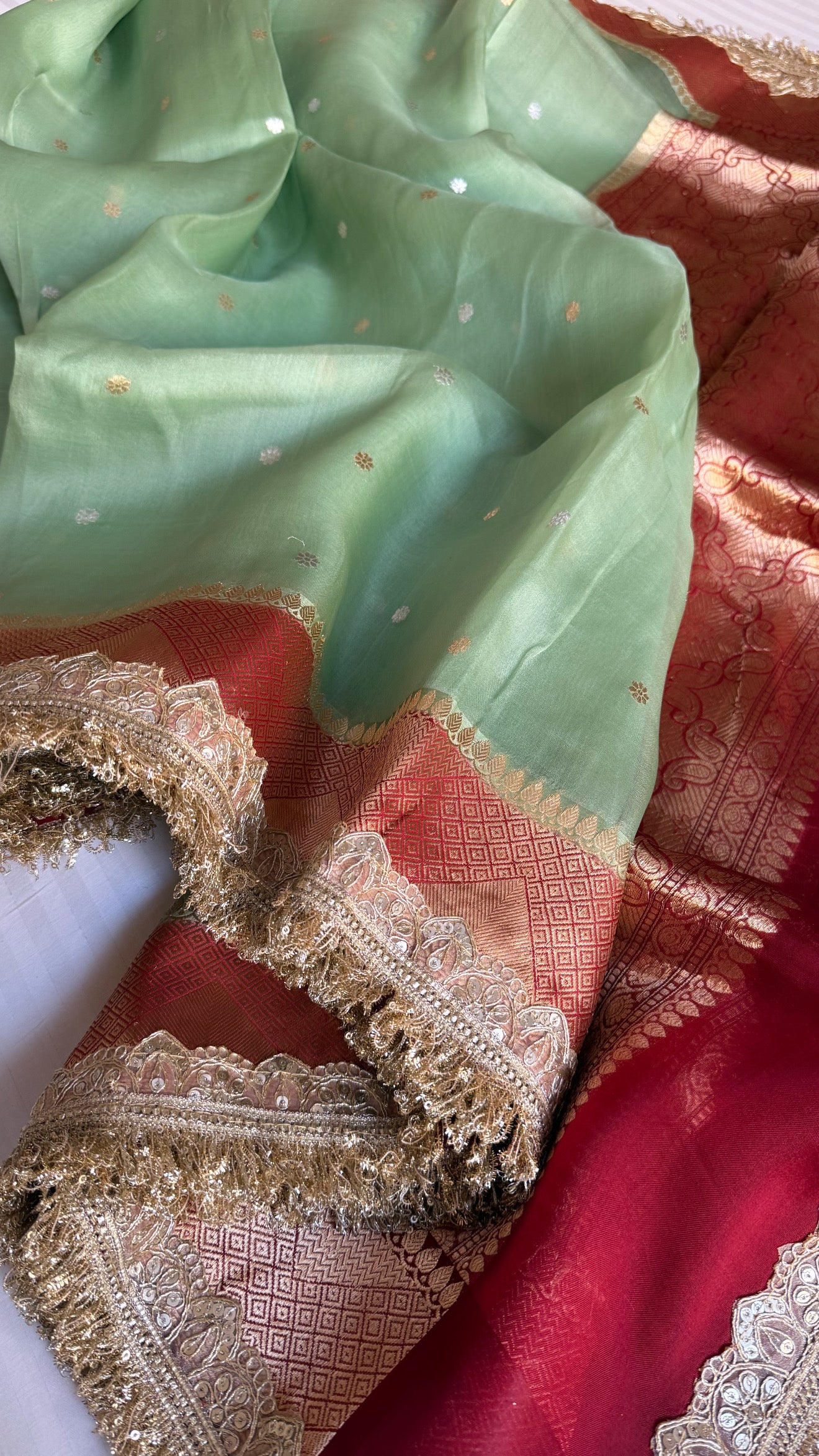 Mint green -Red combination chap dye kora silk banarasi saree
