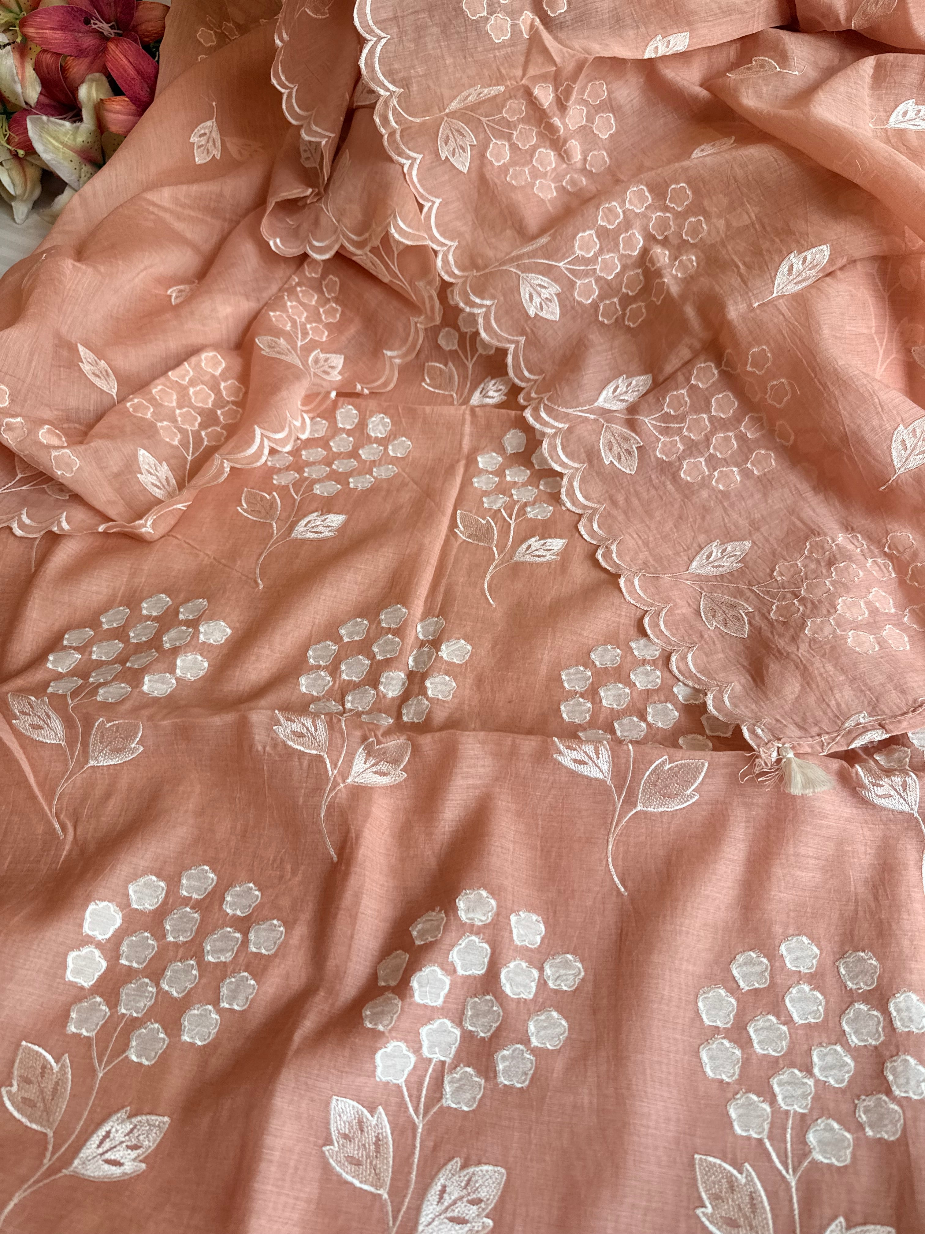 Alia bhatt inspired blush peach mulmul appliqué work suit set