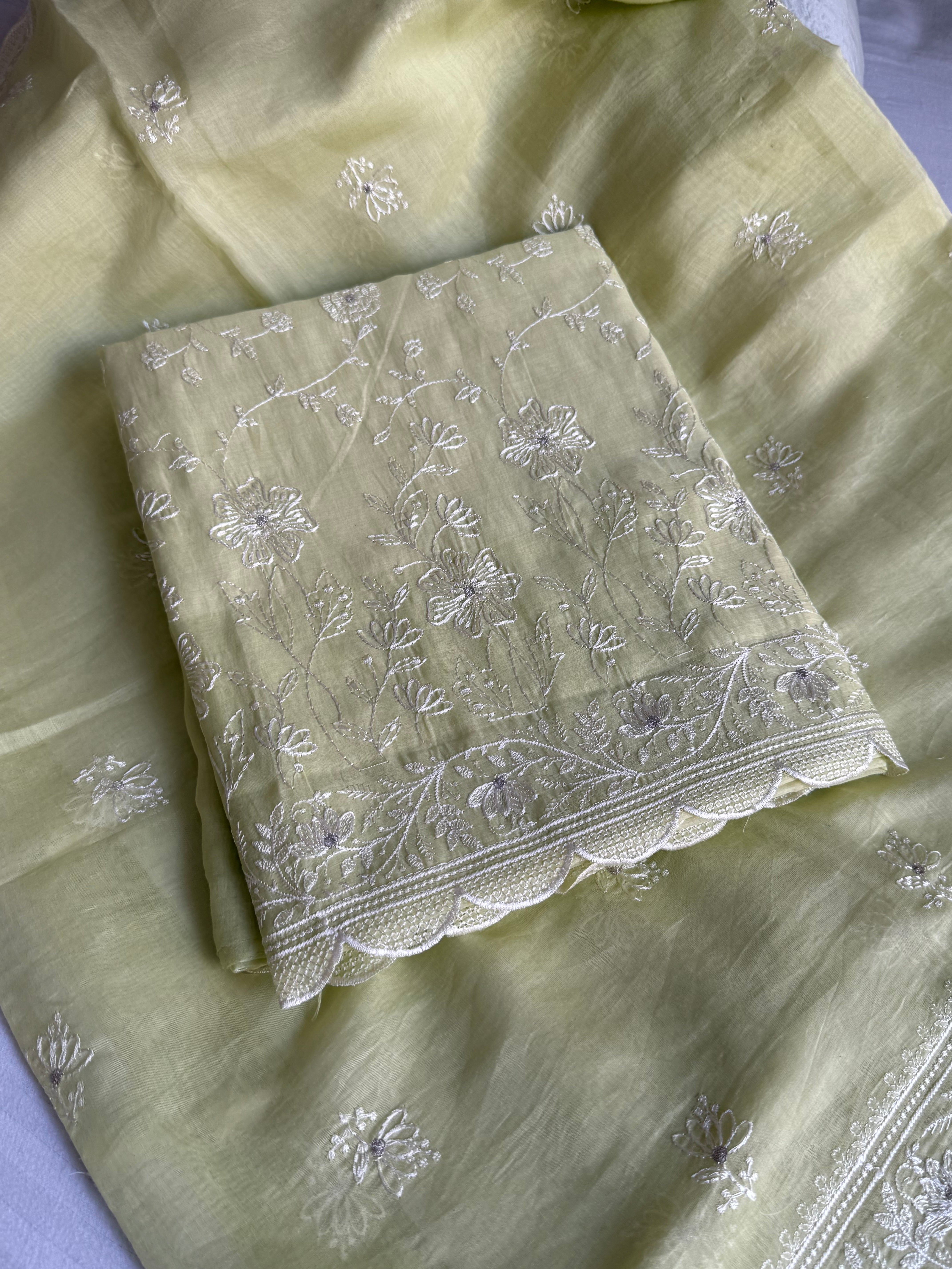 Cotton mulmul banarasi white resham thread hand embroidered kadhwa suit set