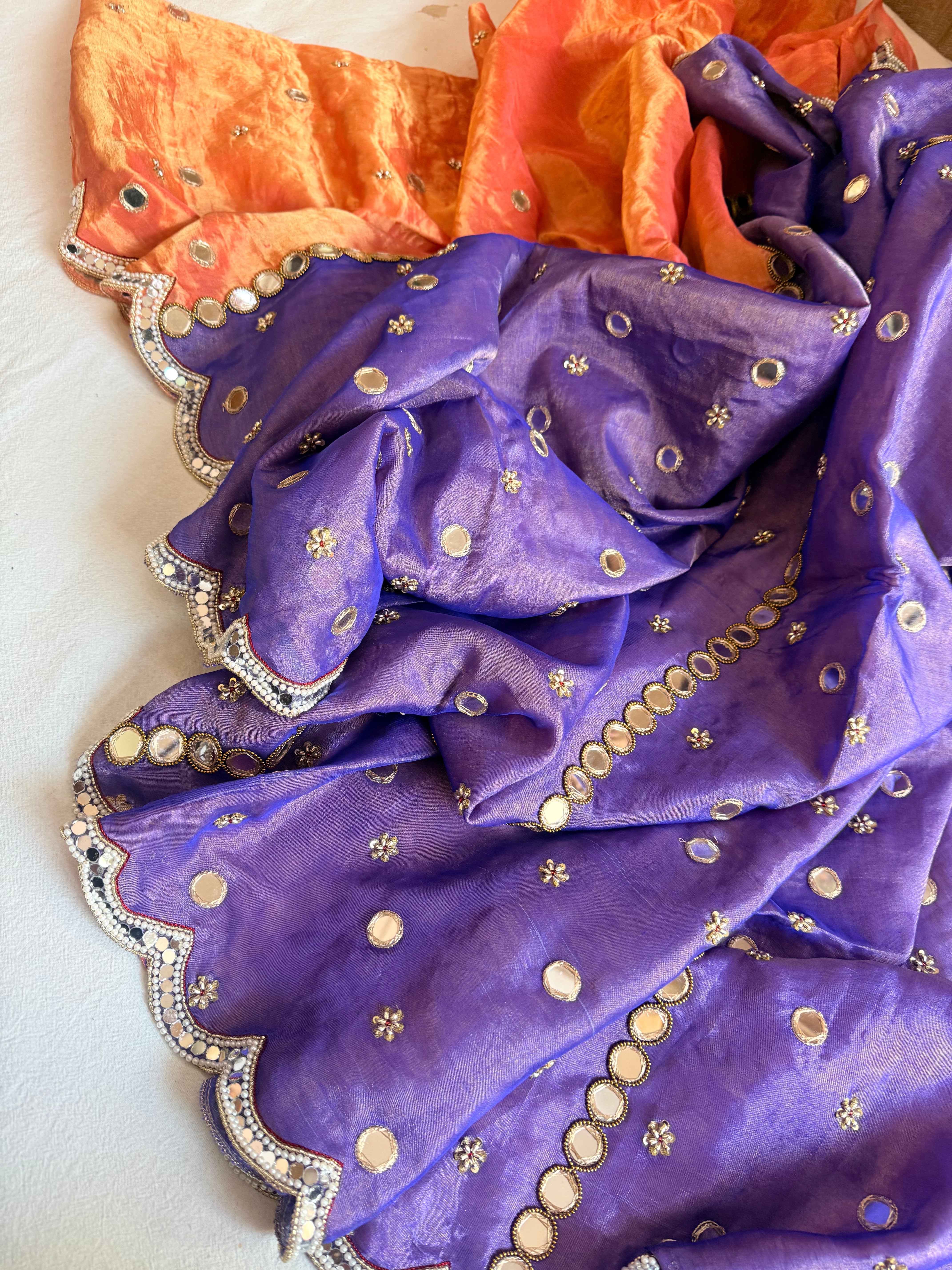 Tyohaar edit - Chiffon tissue gorgette mirrorwork half-half kafhwa buti saree