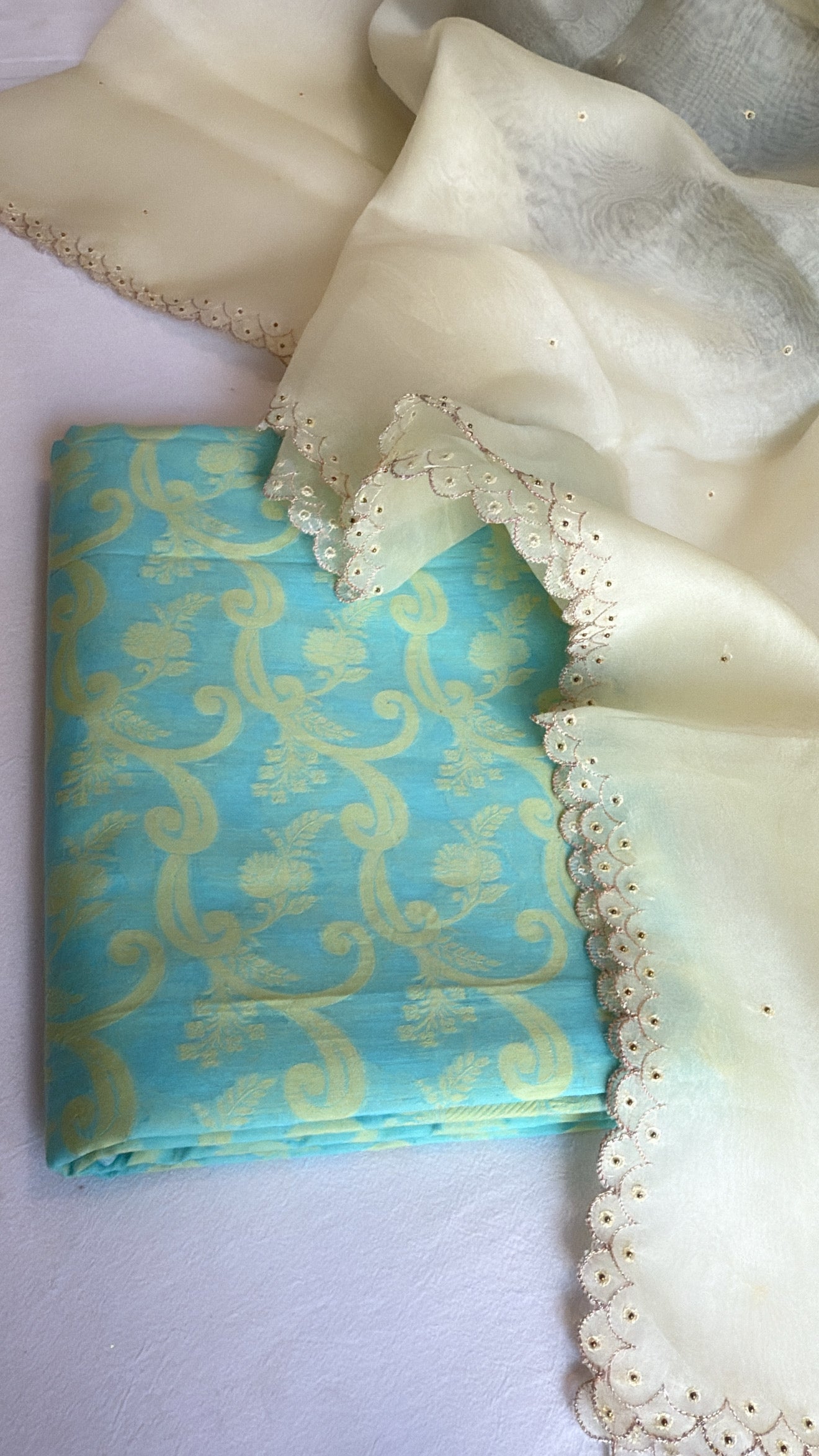 Cotton handloom kadhwa resham work kurta paired with kora silk scalloped hand embroidered duppata set