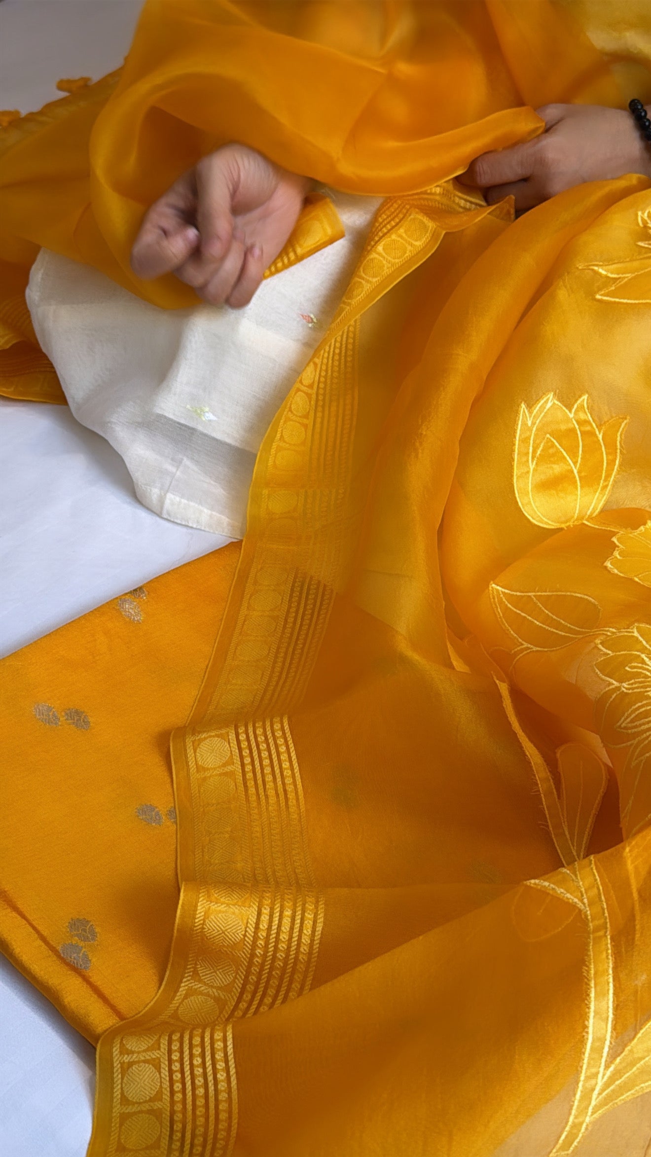 Mango yellow kora silk appliqué work duppata paired with chiniya silk kurta set