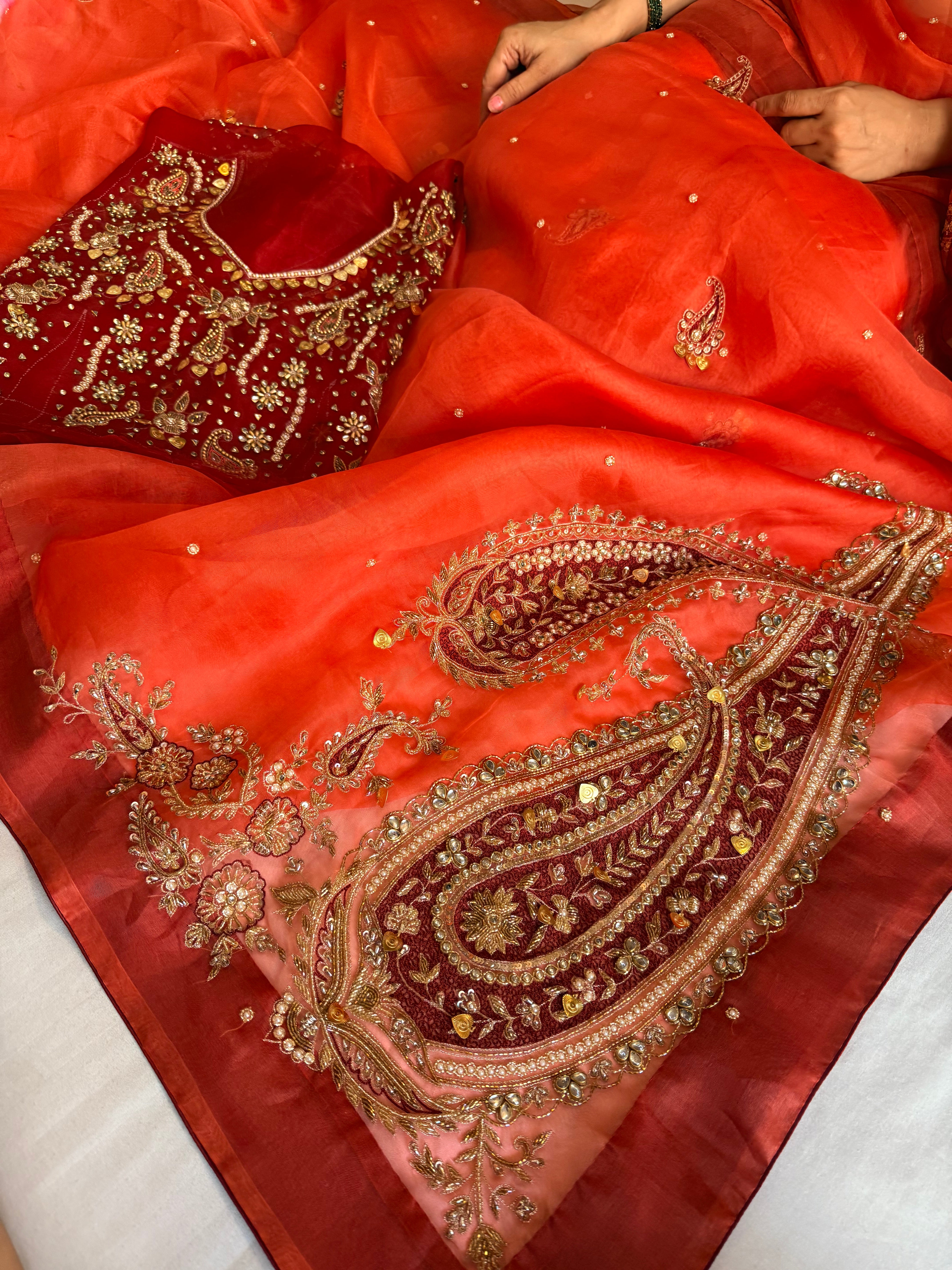 Traditional carry motif - Gajri and red combination kora silk hand embroidered saree