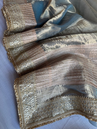 Ice blue maharani pleated dhup chao effect kadhwa saree