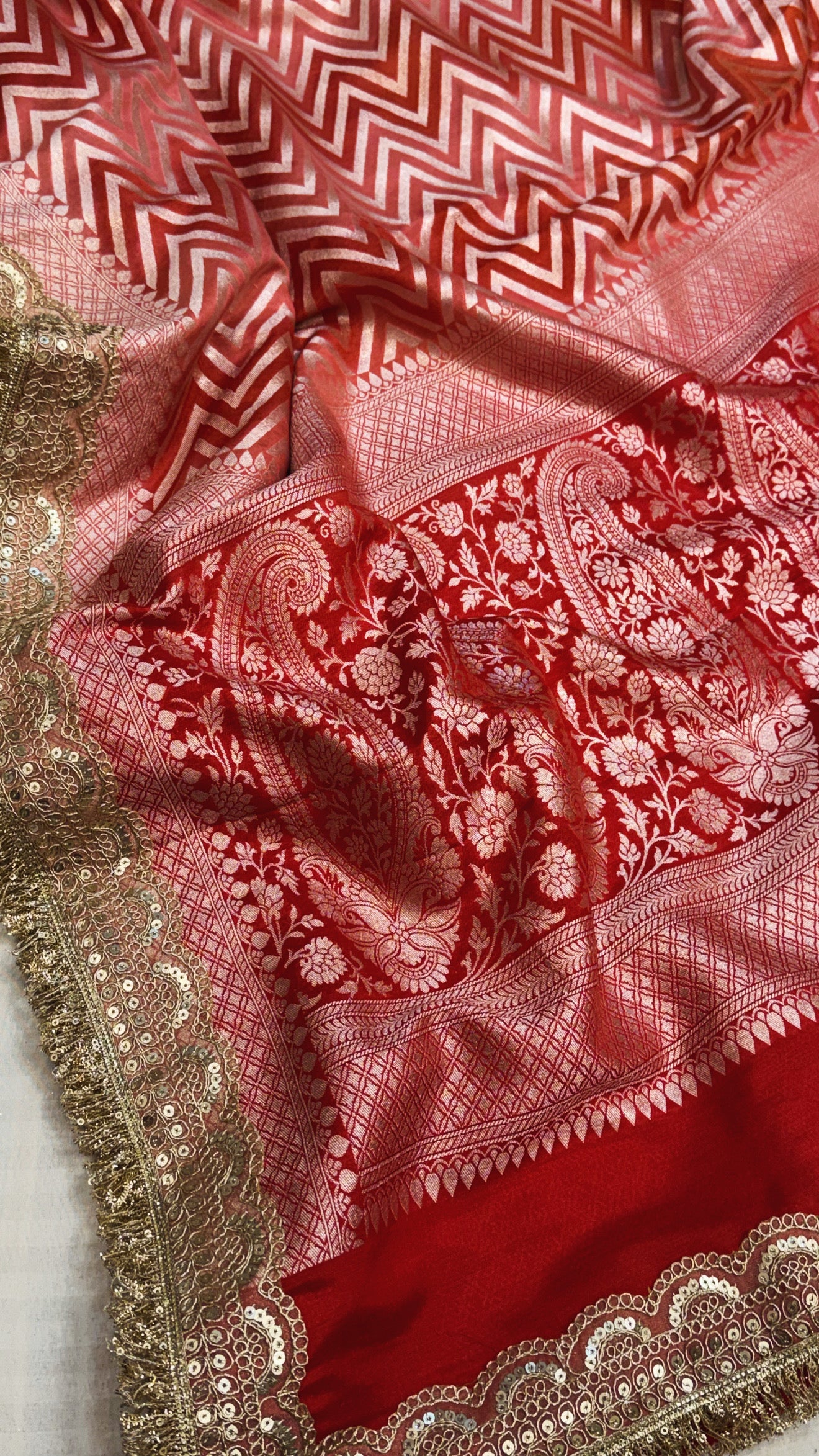 Rangkaat dye gajri red silver zari chevron weaving kadhwa moonga silk saree