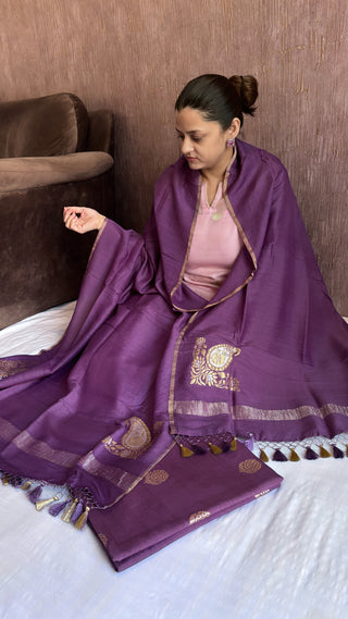 Plum moonga silk kadhwa buti suit set