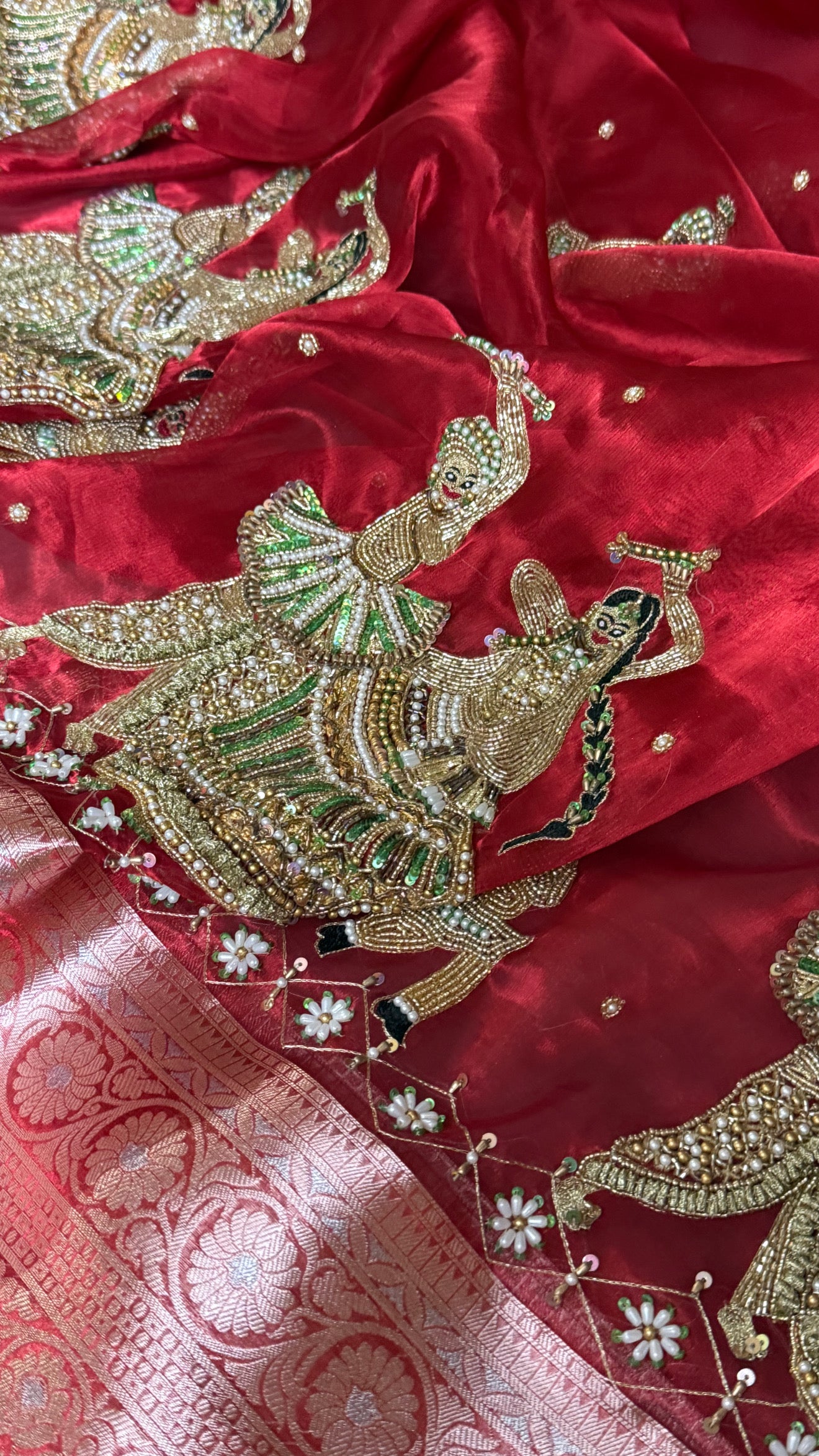 Dandiya wali laal saree - blood red garba theme hand embroidered kadhwa tissue silk saree