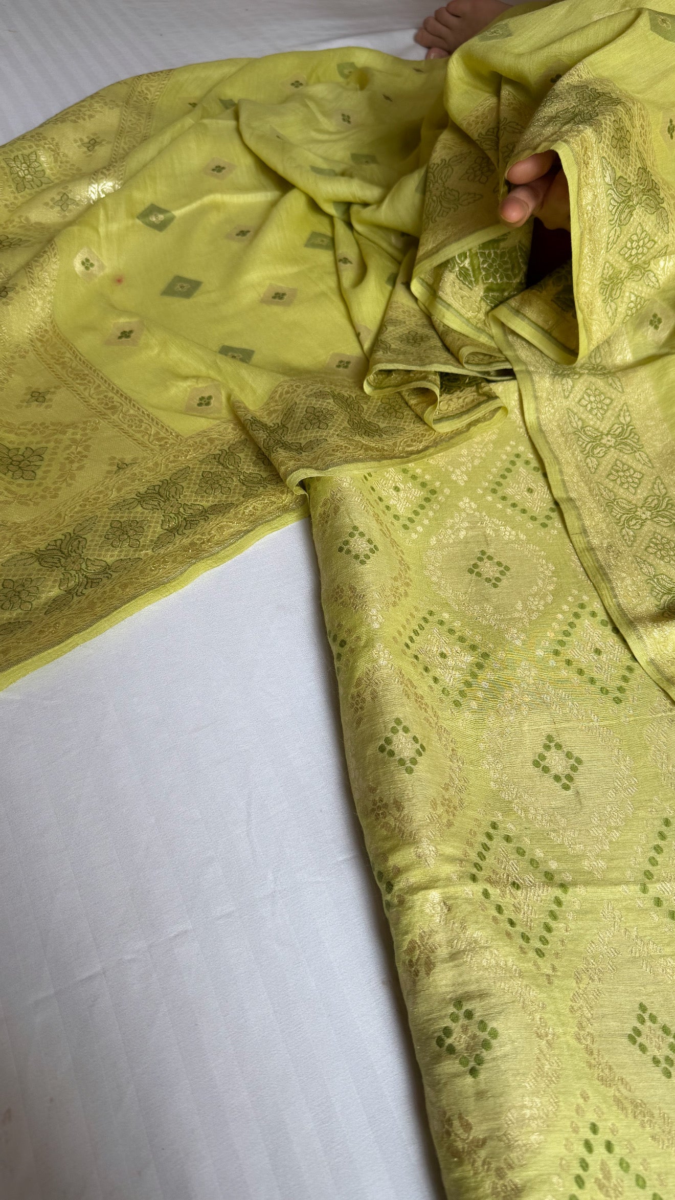 Lime green moonga silk bandhej weaving kadhwa suit set