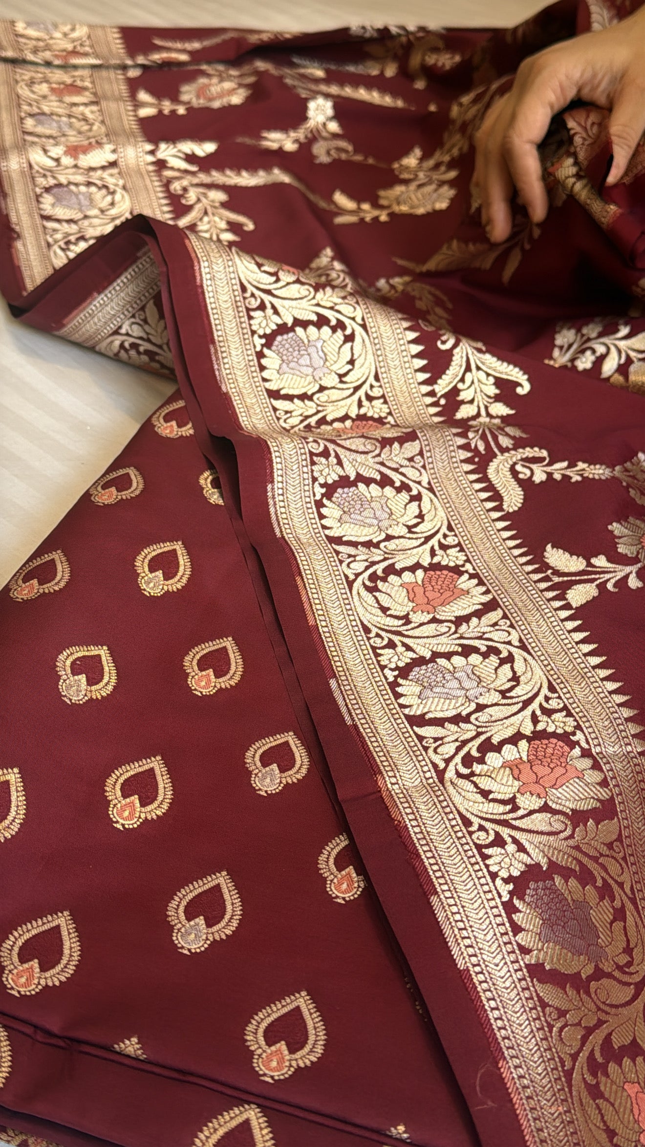 Deep maroonish red mashru satin silk meenakari suit set