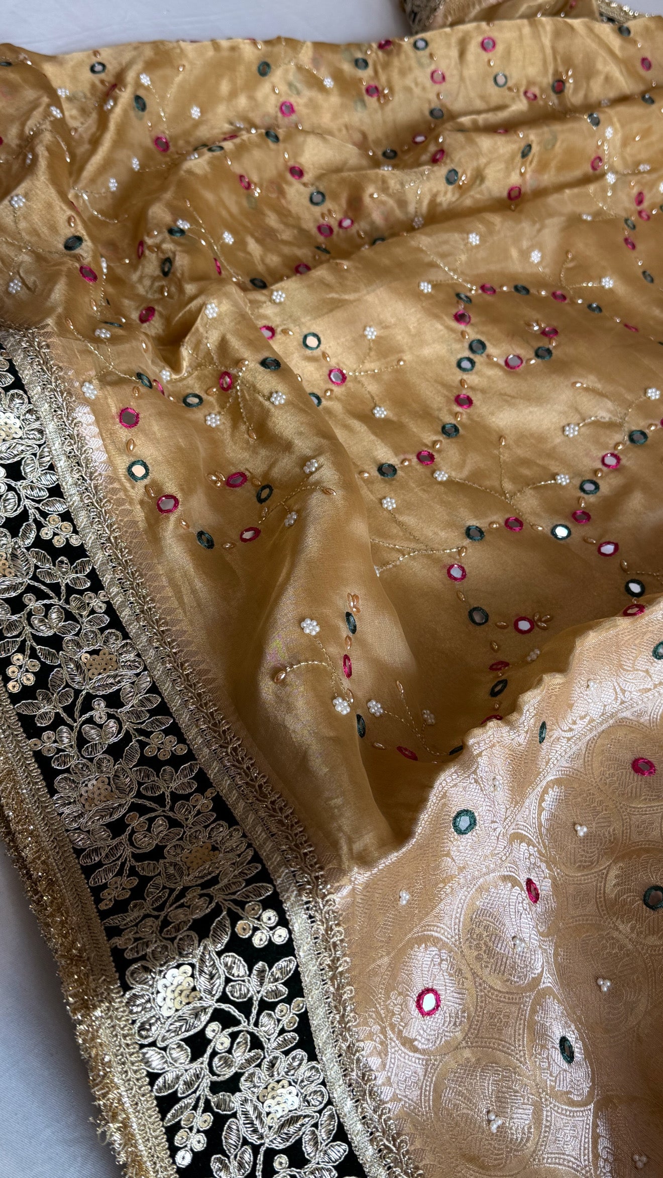 Sheesham edit - Heavy double tissue silk mirror work hand embroidered saree