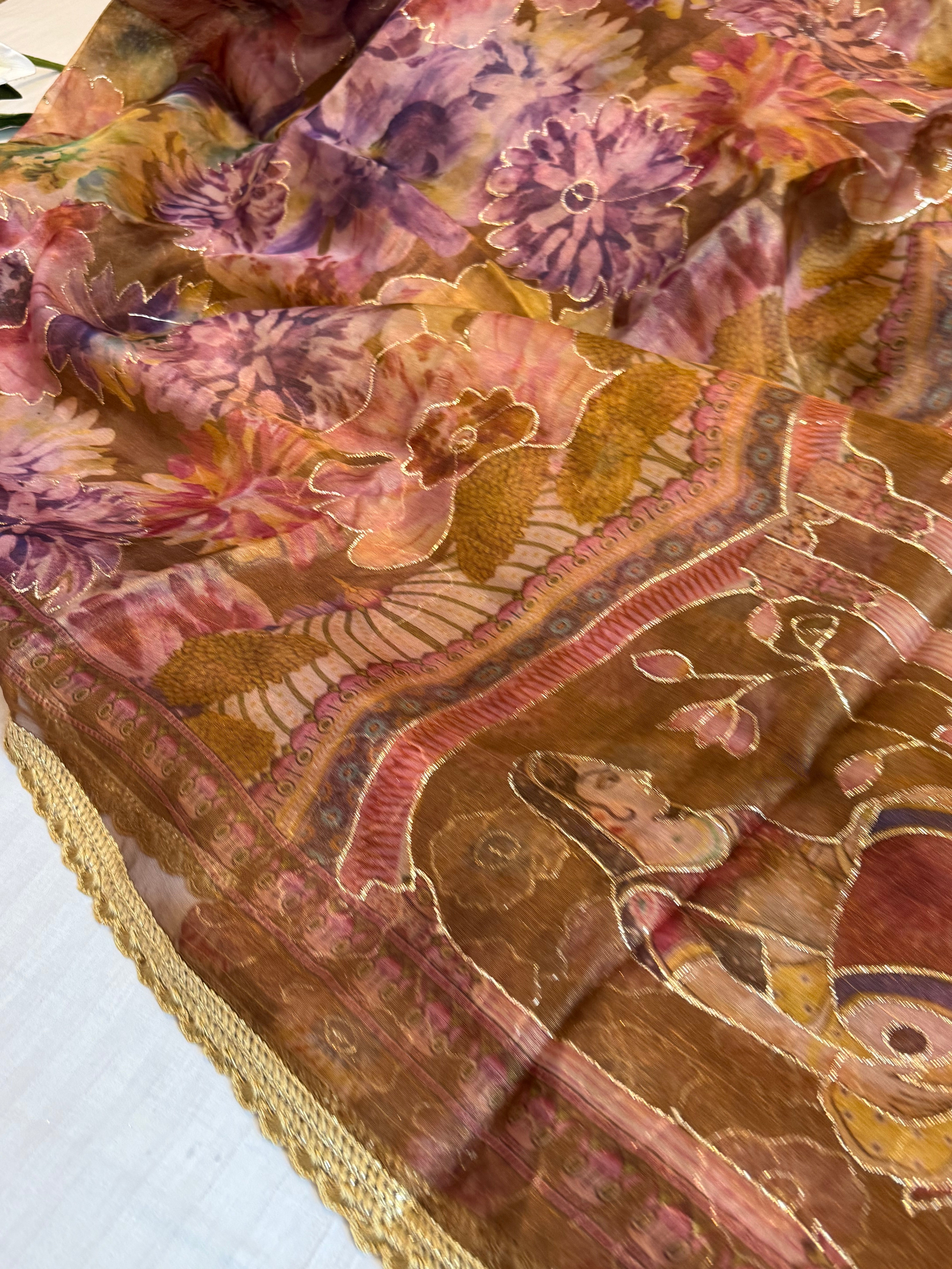 Printed banarasi tissue silk hand embroidered kadhwa saree