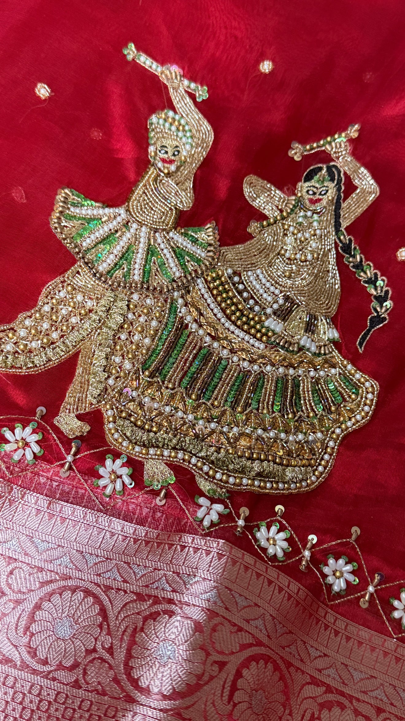 Dandiya wali laal saree - blood red garba theme hand embroidered kadhwa tissue silk saree
