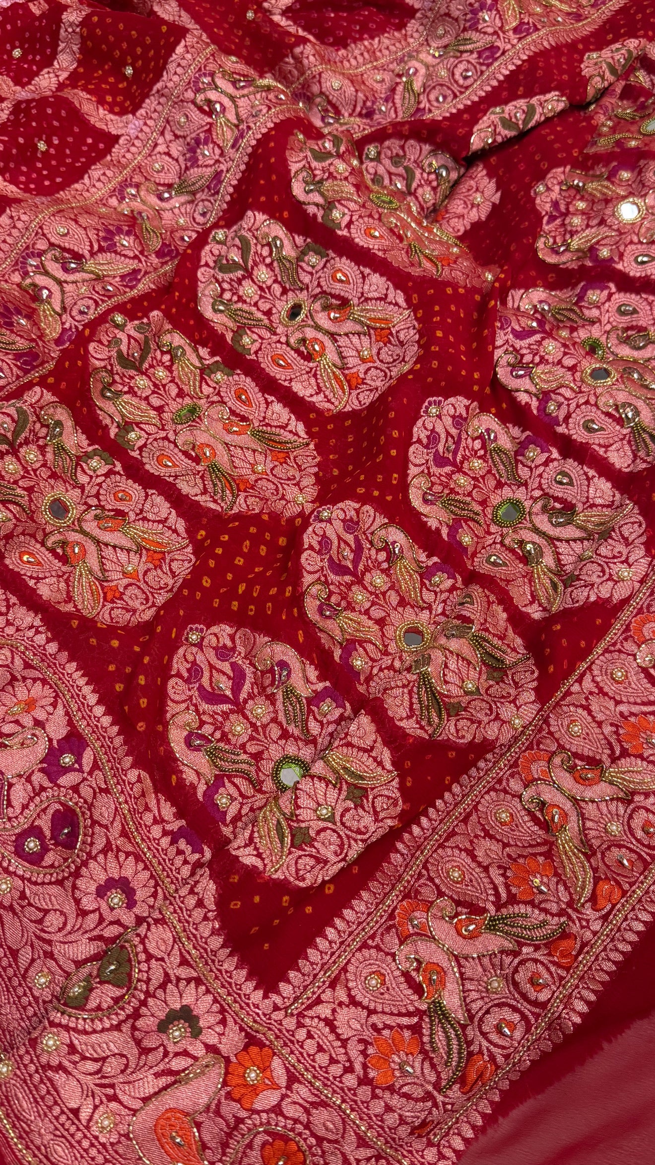 Red banarasi chiffon gorgette kadhwa hand embroidered gharchola weaving saree