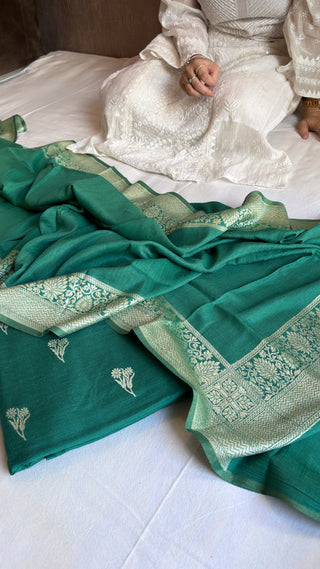 Bottle green moonga silk kadhwa meenedar suit set